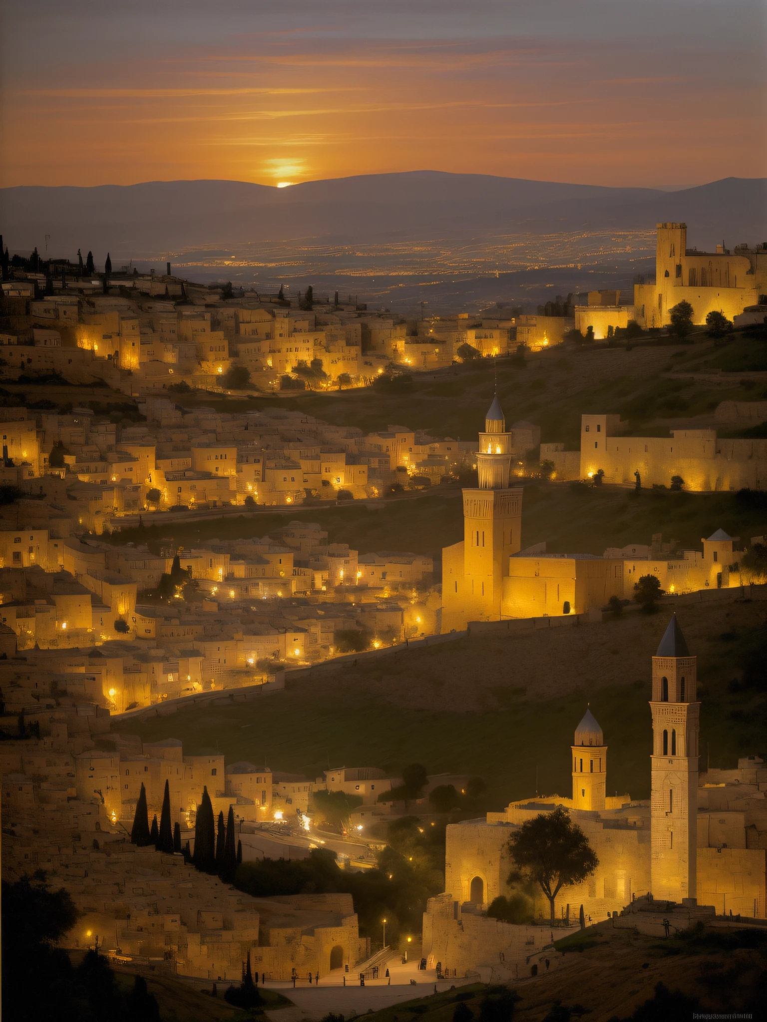 ((Best quality)), ((masterpiece)), ((realistic)) depiction of a strikingly silhouetted cross illuminated by a vibrant sunset, perched atop a mountain in ancient Jerusalem. The symbolic representation means the sacrifice of Jesus. The cross stands against the stunning backdrop of a mountainous landscape, with ancient Jerusalem visible in the distance. The vibrant hues of the sunset cast a warm, dramatic light, enveloping the scene in a majestic glow. The artwork must be created in the style of Leonardo da Vinci, capturing the essence of the Renaissance era with meticulous attention to detail and mastery of light and shadow. It should be an oil painting on canvas, conveying the depth and meaning of symbolism. The color scheme should consist of rich warm tones with contrasting shades that enhance the overall composition. Details must be intricately portrayed, ensuring a high-definition representation that evokes a deep sense of reverence and contemplation. At eye level, scenic, masterpiece.