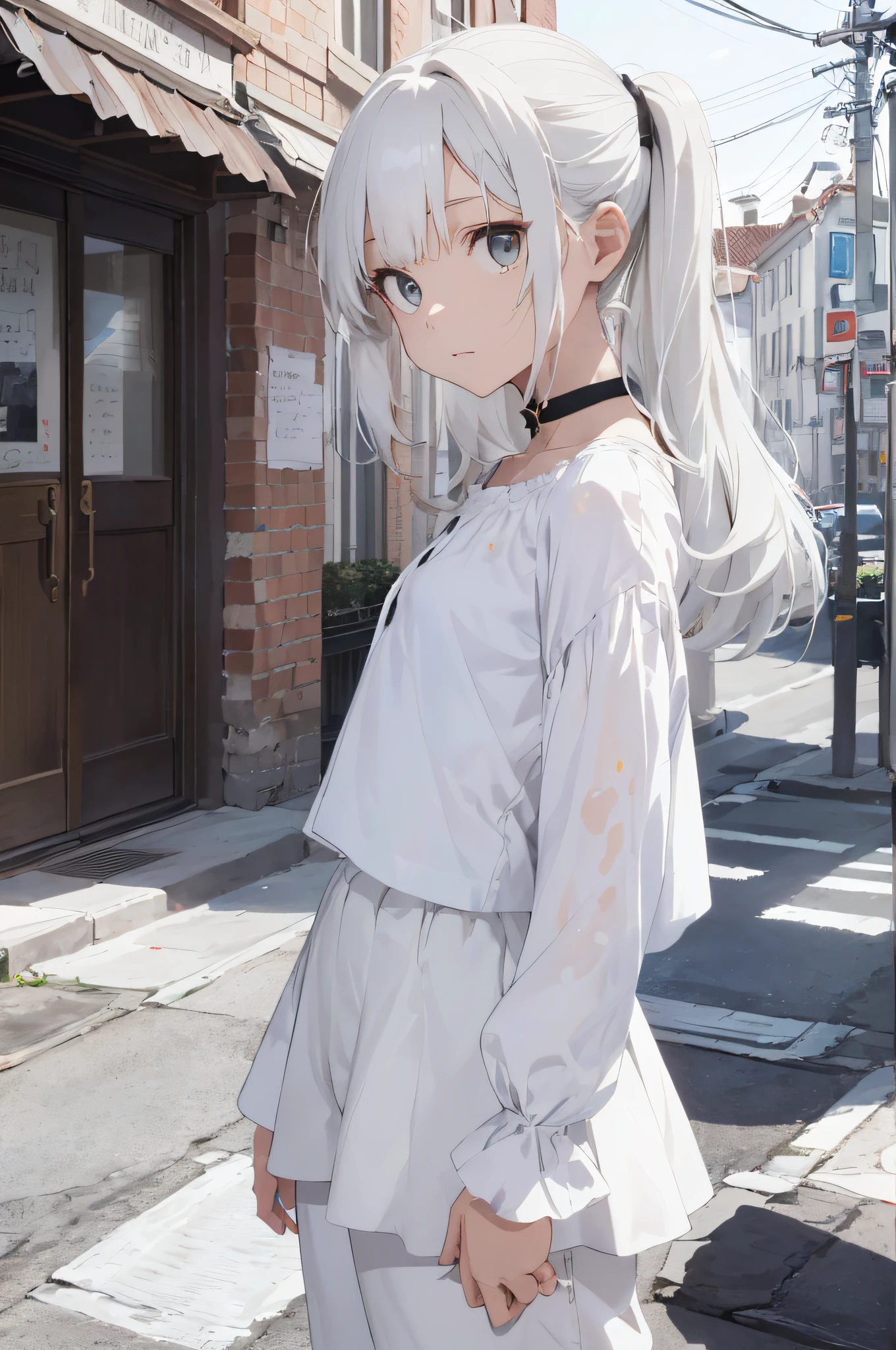 Absurdity, top quality, cat-eared girl, solo, ((Alafed woman in a white shirt and white trousers, figure of Silvia Pellissero, Instagram, Renaissance, loose blouse, white puffy outfit, casual white garment, white details, voluminous sleeves, white trendy clothes, puff sleeves, white clothes, white tunic, trendy white clothes, Perfect proportions, white poet's shirt),Choker, (scribbles: 1.5), paint splatters, paint graffiti, arms back, lean back, lean back, (lean to the side: 0.25), watch viewer, armbands, thigh straps, striped hair, (paint on body other than face)), eyes pointing upwards, head down, tilt head, (from the side: 0.75) , boring, (expressionless: 0.75 masterpiece, flat background