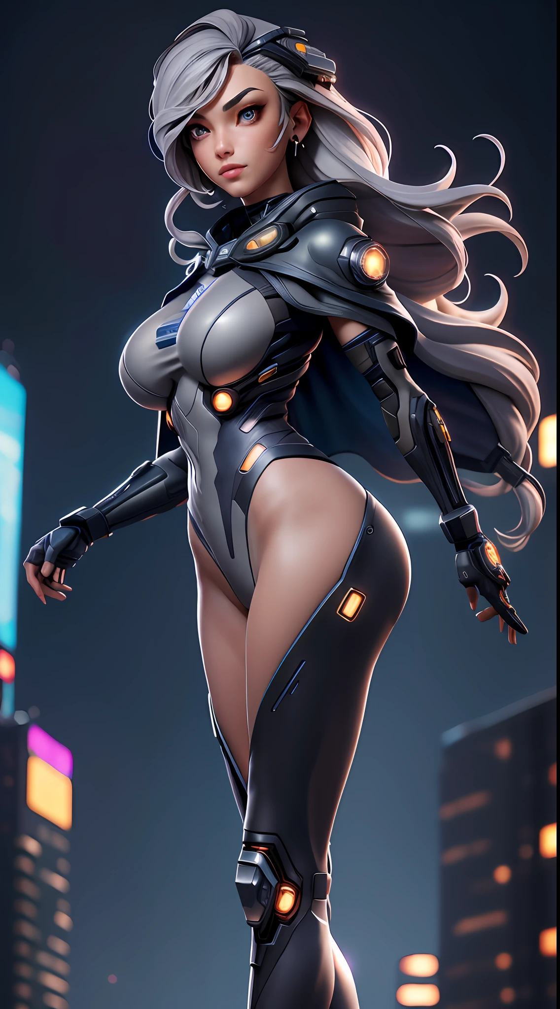 Masterpiece, best quality, 4k, y cyborg female, big bretarry sky, stars \ (sky\), wear leotard, cables instead of hair, slim legs, cape, long hair, gray hair, cyberpunk city background, depth of field, ray tracing, reflections