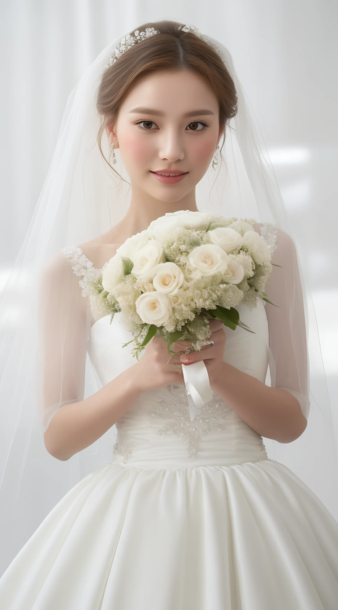 Close up of a woman holding a bouquet in a transparent wedding dress, close-up bust, beautiful dress, wearing a beautiful dress, wearing a long dress, romantic dress, ethereal details, white dress, sexy dress, clear curve details, dress, highlighting feminine features, wearing a wedding dress, close-up portrait shot, flowing women's wedding dress