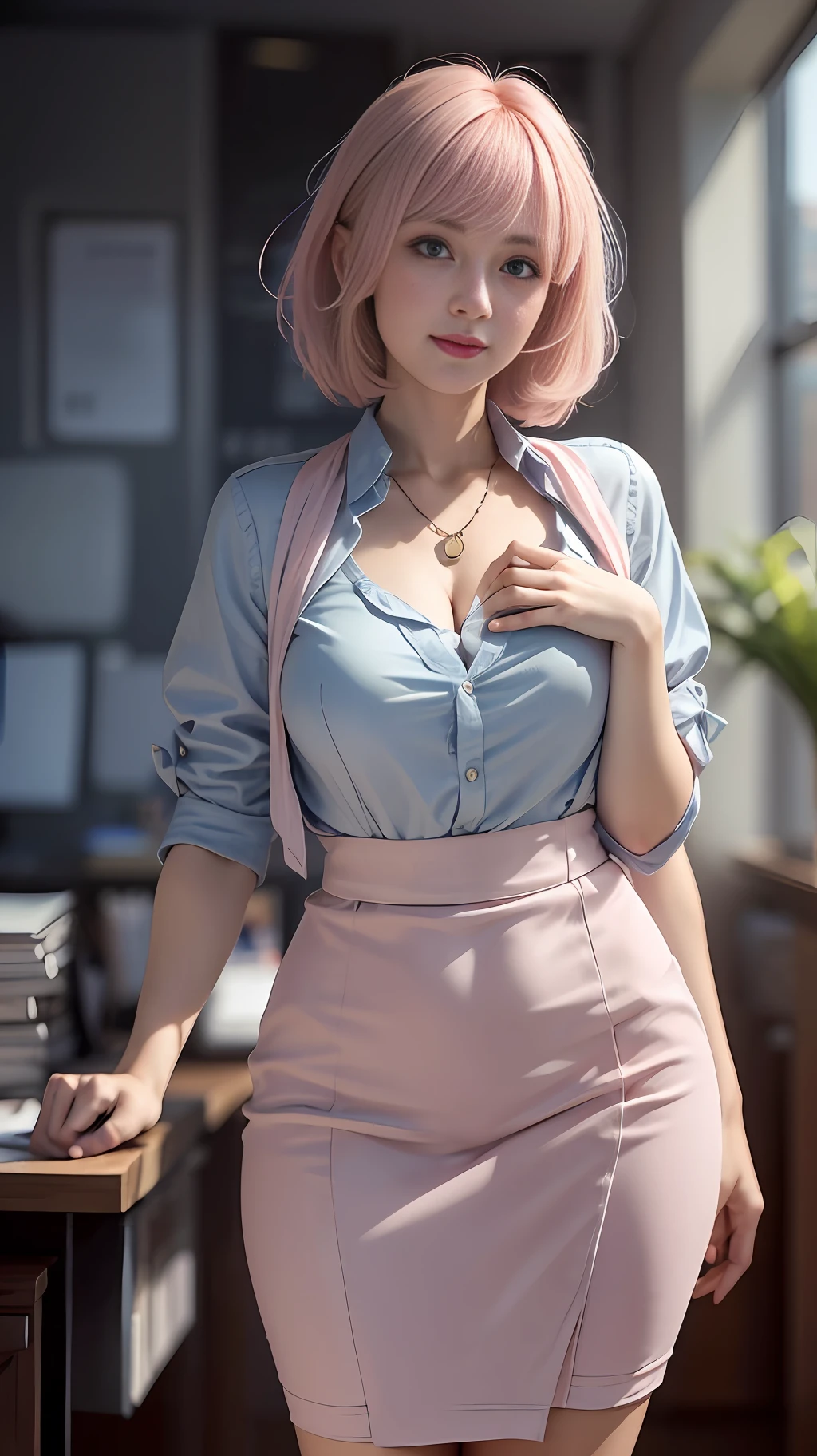 ((masterpiece, best)),(1girl),((mature woman)), light pink hair, dizzy, trumpet, ((office lady)), bangs, mid-chest, (full), slim, smiling, [wide hips] , office, standing, aru \(blue archive\), --auto --s2