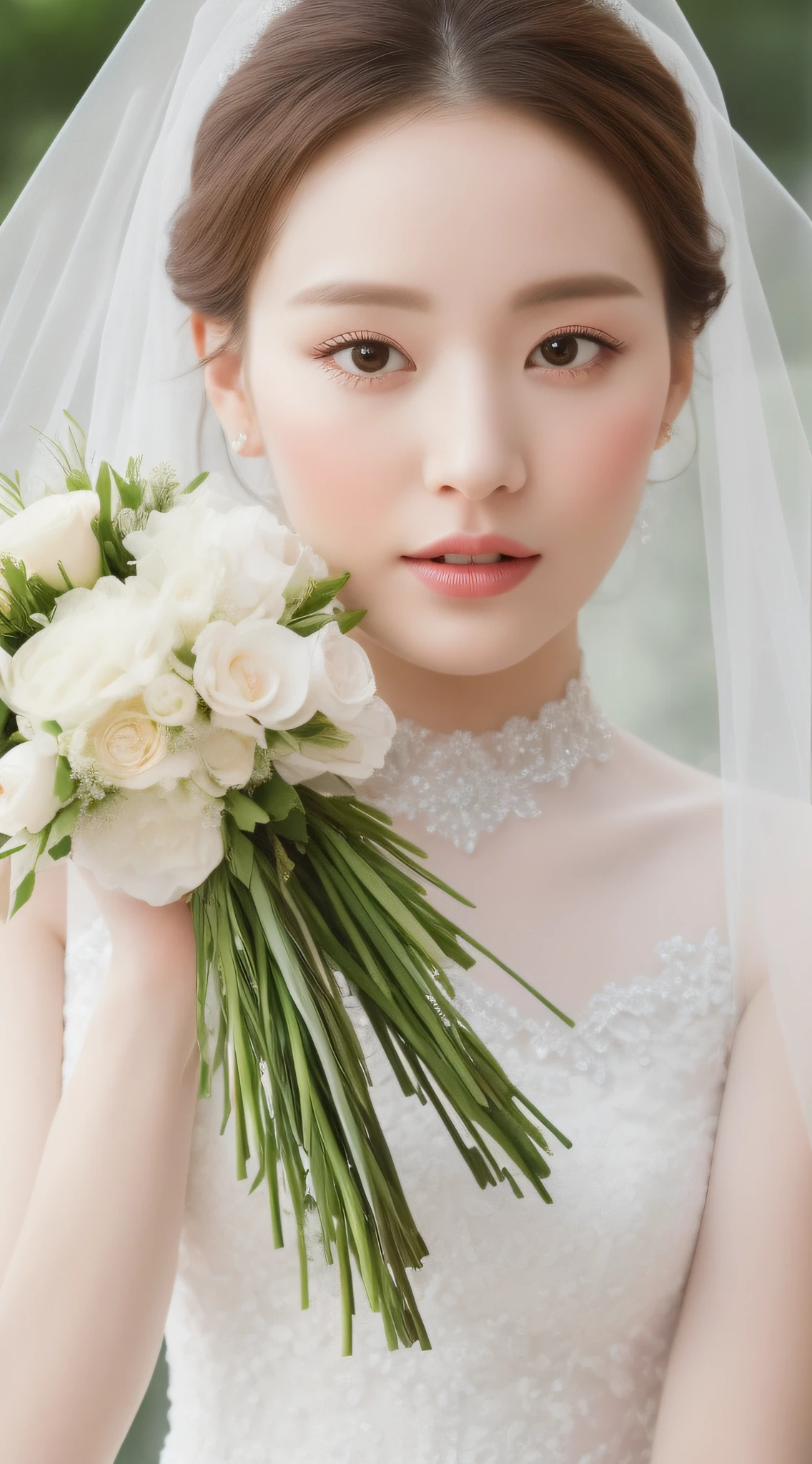 Close up of a woman holding a bouquet in a transparent wedding dress, close-up bust, beautiful dress, wearing a beautiful dress, wearing a long dress, romantic dress, ethereal details, white dress, sexy dress, clear curve details, dress, highlighting feminine features, wearing a wedding dress, close-up portrait shot, flowing women's wedding dress