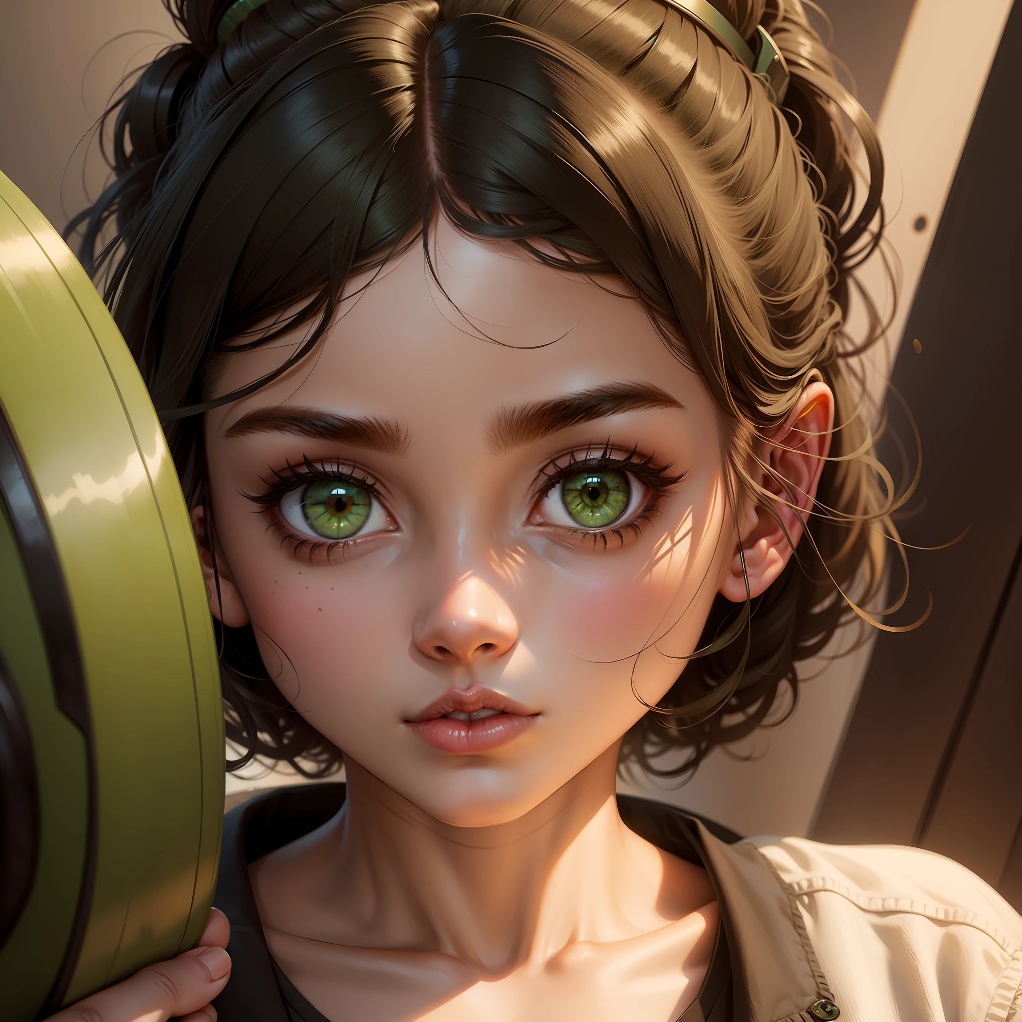 Model sheet of a girl of about 13 years with large, green eyes full body