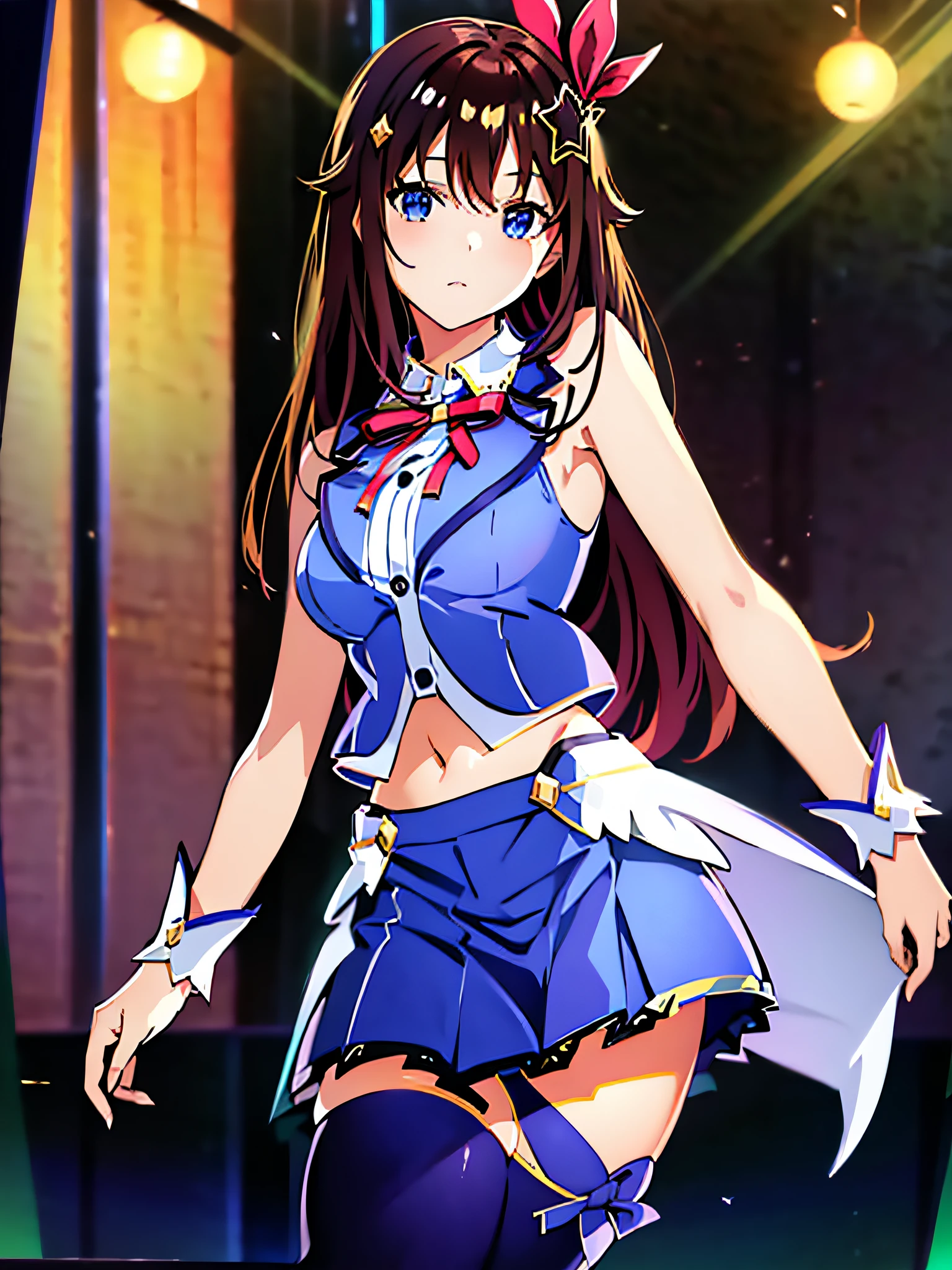 masterpiece, best quality, highres, ts1, white shirt, blue vest, sleeveless, blue thighhighs, blue skirt, waist cape, wrist cuffs, leg ribbon, neck ribbon, midriff, breasts, cowboy shot, standing, looking at viewer, full body,