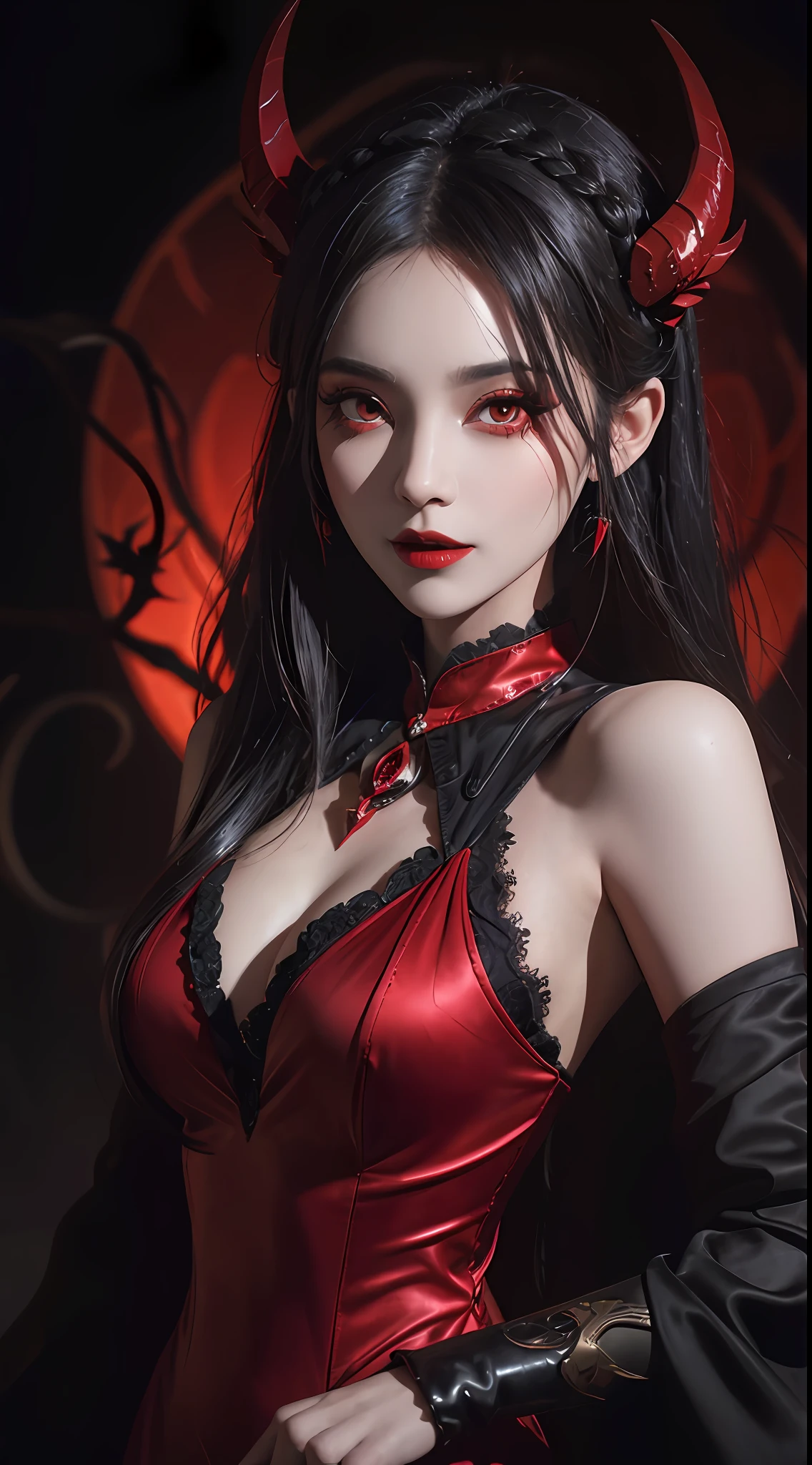 1 beautiful devil woman from hell, In the Dark: 1.6), surreal female portrait by David Hockney and Alphonse Mucha, fantasy art, korea doll, photorealism, dynamic lighting, artstation, poster, volumetric lighting, very detailed faces, 8k ultra, Awarded, in the dark, deep shadow, low key, cowboy lens, (Red phoenix dress: 1.4), long hair, black hair, bust, luxurious palace, Royal style, devil crown, red eyes make up very sharp and detailed, The most beautiful face, big and regular breasts, Super realistic, chinese women's clothing, polo neck sweater, Charming smile, The eyes are very well made up, guweiz, devil style, loong, wearing black mesh socks, 2 bangs braided hair, Red black lips, Devil tattoo on shoulder, wearing a thin red and black robe, the landscape is overcast and thunderous, (Portrait), Close-up of the main character, (Background details 1.8),