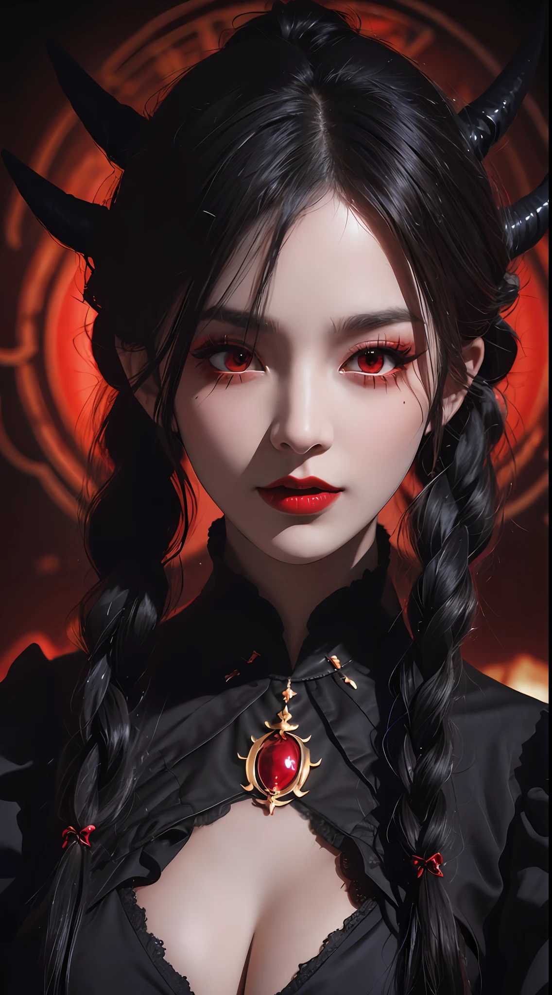 1 beautiful devil woman from hell, In the Dark: 1.6), surreal female portrait by David Hockney and Alphonse Mucha, fantasy art, korea doll, photorealism, dynamic lighting, artstation, poster, volumetric lighting, very detailed faces, 8k ultra, Awarded, in the dark, deep shadow, low key, cowboy lens, (Red phoenix dress: 1.4), long hair, black hair, bust, luxurious palace, Royal style, devil crown, red eyes make up very sharp and detailed, The most beautiful face, big and regular breasts, Super realistic, chinese women's clothing, polo neck sweater, Charming smile, The eyes are very well made up, guweiz, devil style, loong, wearing black mesh socks, 2 bangs braided hair, Red black lips, Devil tattoo on shoulder, wearing a thin red and black robe, the landscape is overcast and thunderous, (Portrait), Close-up of the main character, (Background details 1.8),