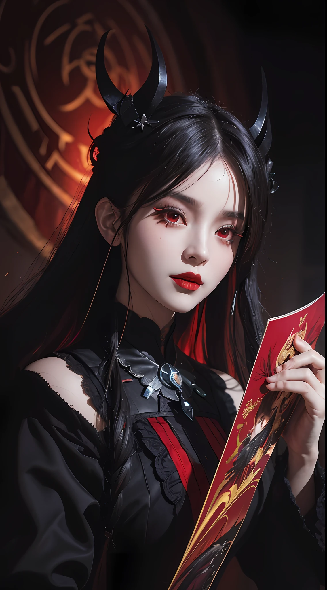 1 beautiful devil woman from hell, In the Dark: 1.6), surreal female portrait by David Hockney and Alphonse Mucha, fantasy art, korea doll, photorealism, dynamic lighting, artstation, poster, volumetric lighting, very detailed faces, 8k ultra, Awarded, in the dark, deep shadow, low key, cowboy lens, (Red phoenix dress: 1.4), long hair, black hair, bust, luxurious palace, Royal style, devil crown, red eyes make up very sharp and detailed, The most beautiful face, big and regular breasts, Super realistic, chinese women's clothing, polo neck sweater, Charming smile, The eyes are very well made up, guweiz, devil style, loong, wearing black mesh socks, 2 bangs braided hair, Red black lips, Devil tattoo on shoulder, wearing a thin red and black robe, the landscape is overcast and thunderous, (Portrait), Close-up of the main character, (Background details 1.8),