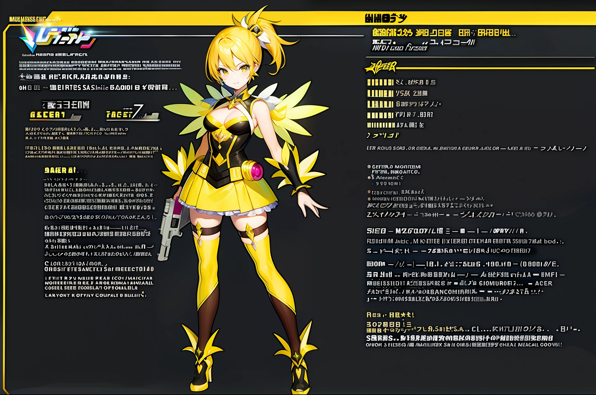 masterpiece,(best quality) magical girl,Lazer gun, yellow, spikey hair, medium sized breasts,( ( character concept art ) )