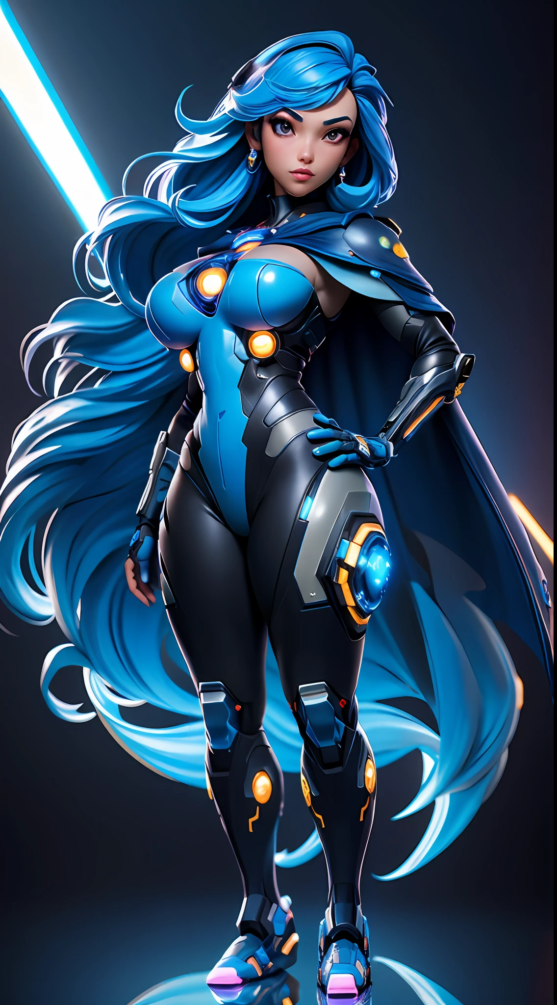 Masterpiece, best quality, 4k, sexy cyborg female, big breasts, wear leotard, starry sky, stars \ (sky\), blue hair, thick legs, cape, long hair, cyberpunk, depth of field, ray tracing, reflections