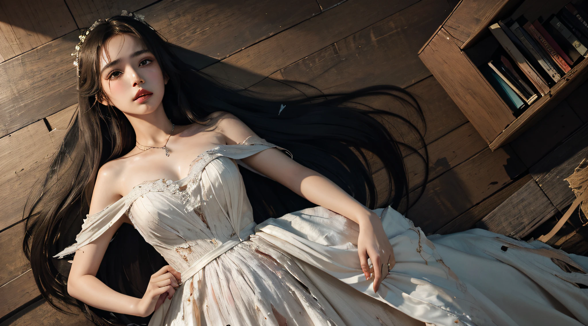 Best Quality, Masterpiece, Ultra High Resolution, (Fidelity: 1.4), Photo, 1 Girl, Antique Wedding Dress, Dim, Darkness, Despair, Mercy, Pathese, Movie, Tears, Teardrops, (Torn Clothes:1.5), Bare Shoulders, Long Hair,..