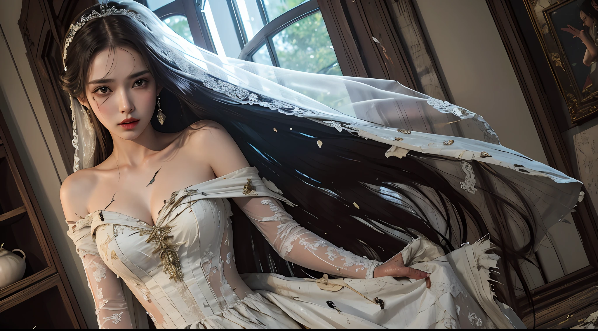 Best Quality, Masterpiece, Ultra High Resolution, (Fidelity: 1.4), Photo, 1 Girl, Antique Wedding Dress, Dim, Darkness, Despair, Mercy, Pathese, Movie, Tears, Teardrops, (Torn Clothes:1.5), Bare Shoulders, Long Hair,..
