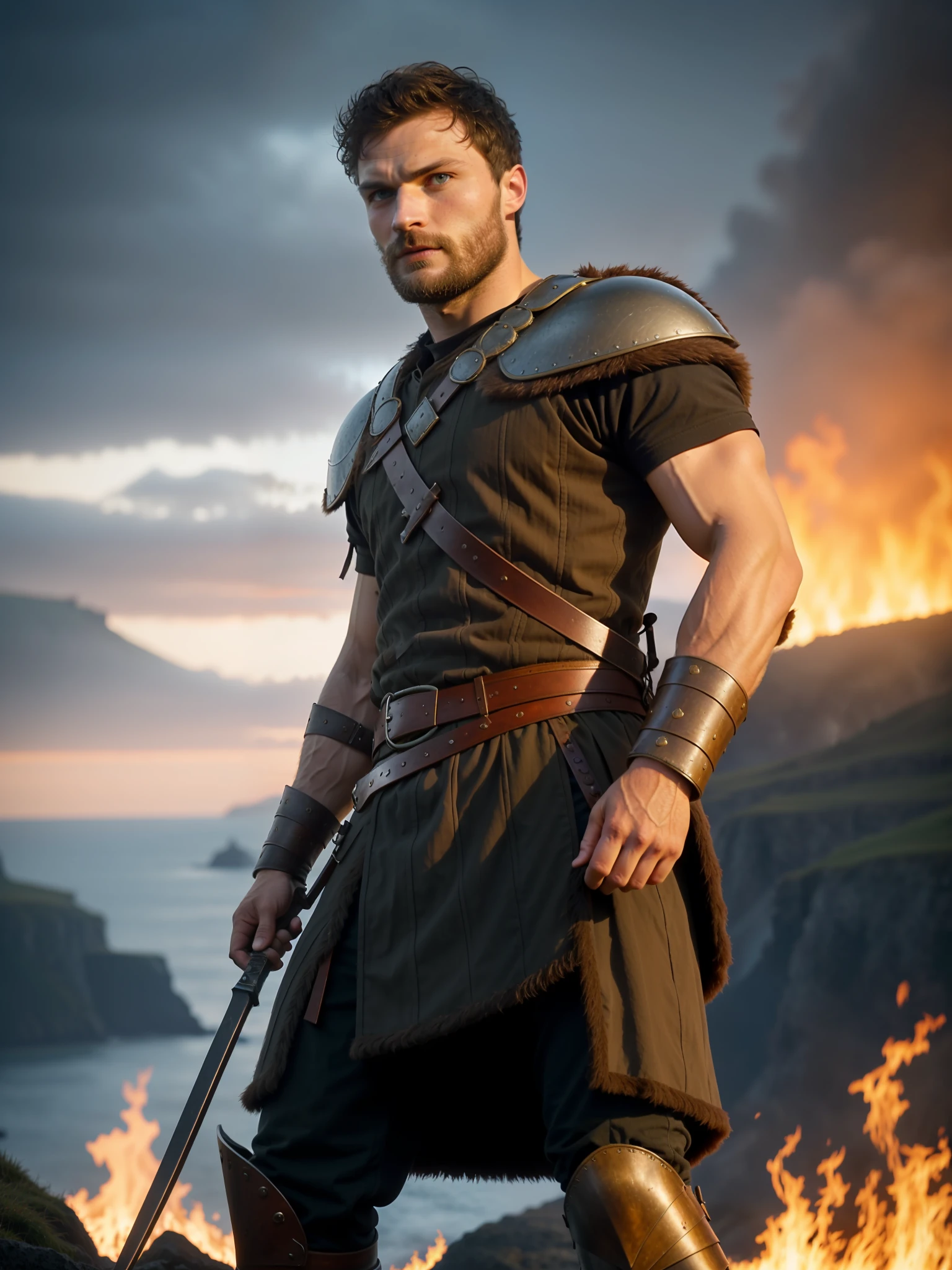 Create a Viking warrior, Jamie Dornan, very handsome and attractive, strong and muscular, short dark hair, tan, dark beard, 8k resolution, best quality, similar to actor Jamie Dornan, standing in front of a burning village, cliffs, close up, attack pose and attitude.