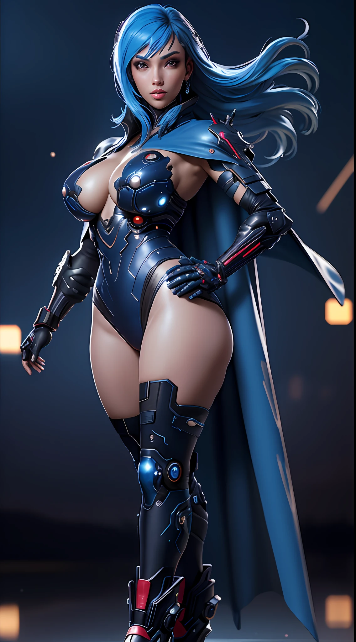 Masterpiece, best quality, 4k, sexy cyborg female, big breasts, wear leotard, starry sky, stars \ (sky\), blue hair, thick legs, cape, long hair, cyberpunk, depth of field, ray tracing, reflections