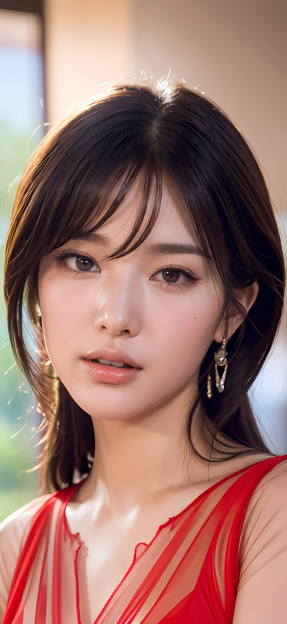 a close up of a woman in a red dress with long hair, beautiful alluring anime woman, a beautiful fantasy empress, inspired by Du Qiong, seductive tifa lockhart portrait, ((a beautiful fantasy empress)), seductive anime girl, beautiful anime woman, glamorous tifa lockheart, beautiful avatar pictures, mai shiranui, lady in pink armor, tifa, (lingerie:1.2), photo realistic, upon_body, tyndall effect, photorealistic, dark studio, rim lighting, two tone lighting, (high detailed skin:1.2), 8k uhd, dslr, soft lighting, high quality, volumetric lighting, candid, Photograph, high resolution, 4k, 8k, Bokeh, breast out, (nude:1.4), (purple eyes color), (transparent armor:1.5), big breast,