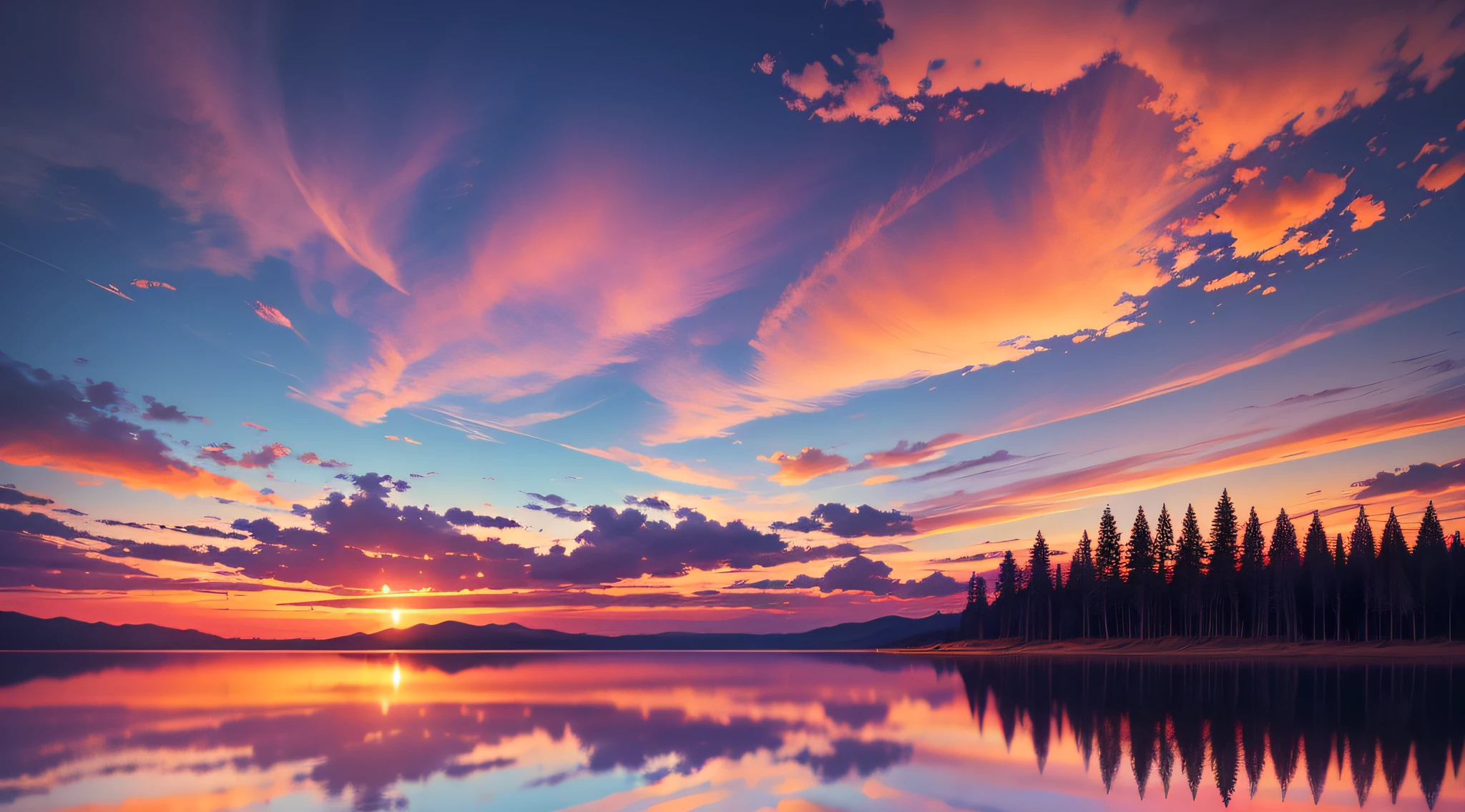 there is a beautiful sunset with a lake and trees in the background, colorful skies, surreal colors, colorful sunset, colorful sky, marvellous reflection of the sky, stunning sky, dream like atmosphere 8k, colorful clouds, colors reflecting on lake, surreal sky, red and blue reflections, fire reflection, beautiful sky, beautiful and spectacular dusk, beautiful dreamy landscape, amazing sky --auto --s2