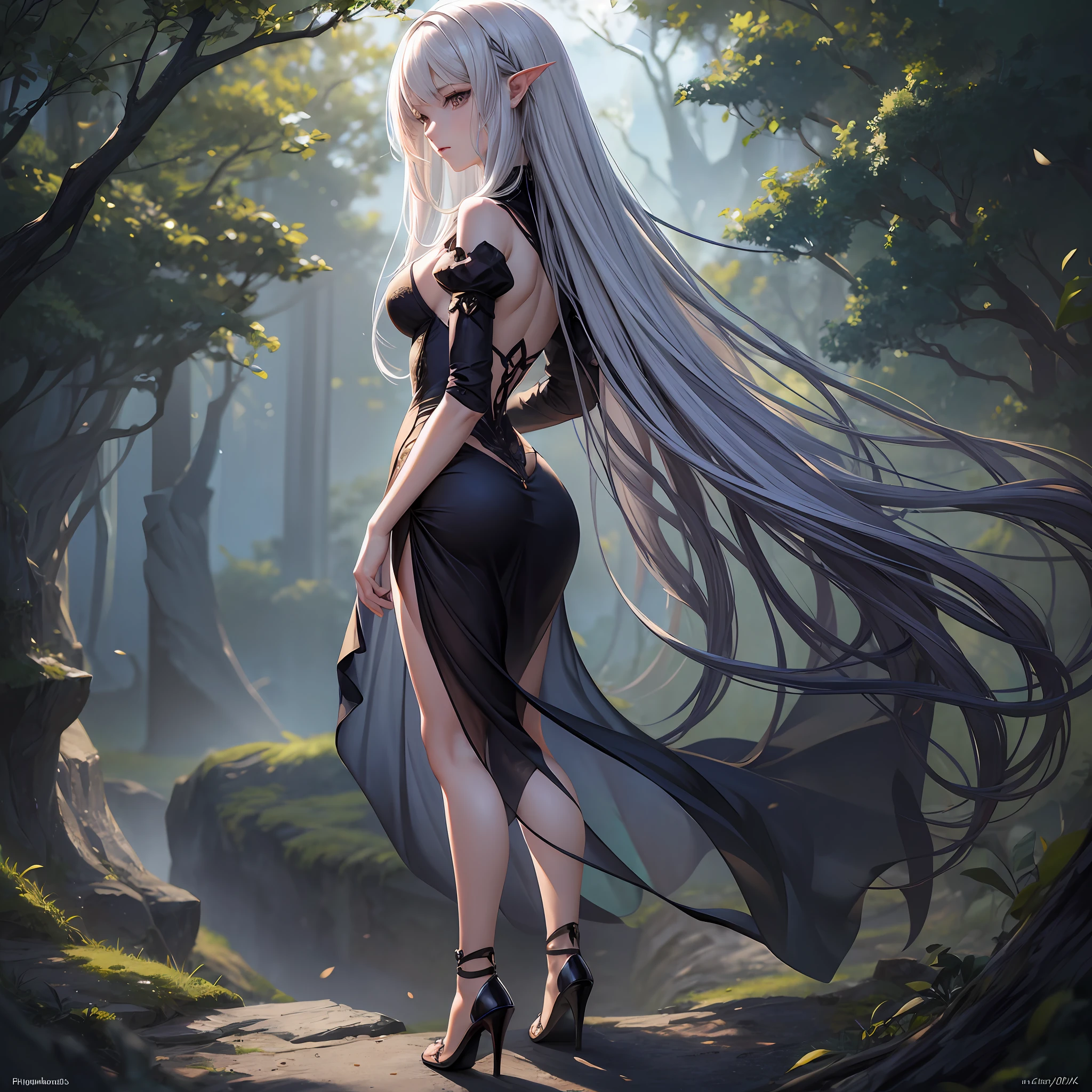 FS, an albino girl with perfect 10 features and long black Rapunzel-like hair, stands in a picturesque Avatar-like scene. Her body is graceful with a petite bust and slender legs. The girl looks stunning in a sheer organza dress with intricate designs. Her high-heeled shoes are elegant with golden patterns. The sunlight creates a subtle silhouette around her contours from the back, while soft and filling light illuminates her from the front. This scene has photorealistic qualities and is a concept art that creates a wow effect of:2. It can be found on the website 500px with hyper-superior details of:2. --auto --s2