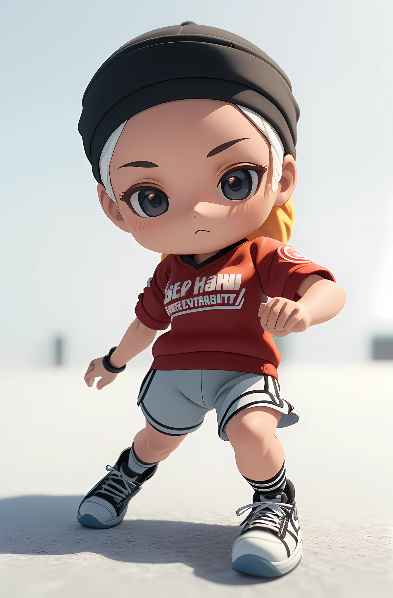 Girl skateboarding, sportswear, cool look, ((best quality), ((masterpiece)), ( extreme detail, highest detail, official art, beauty and aesthetics:1.2), depth of field, composition, full body, (chibi), white background, 3D clay rendering.
