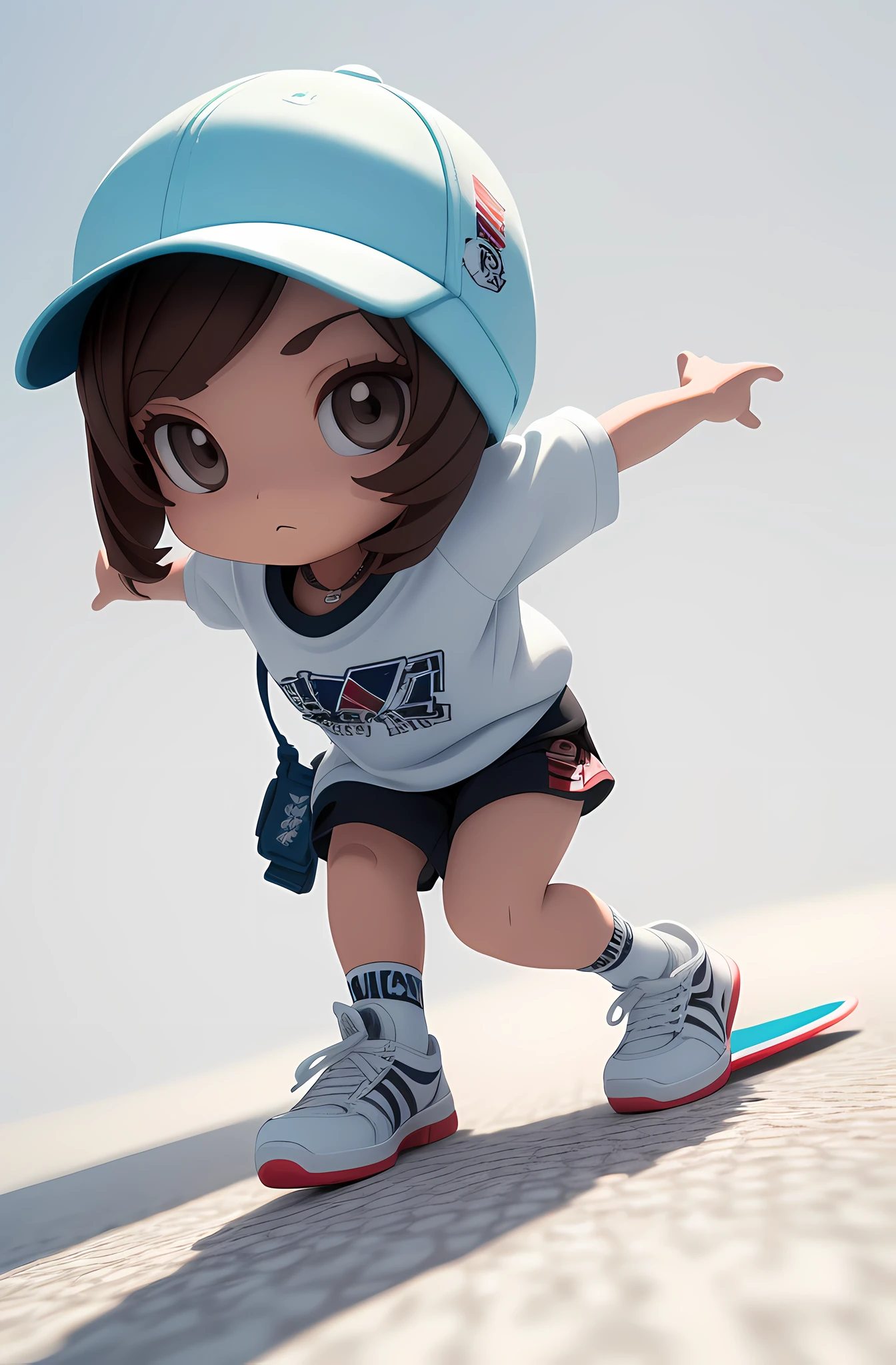 Girl skateboarding, sportswear, cool look, ((best quality), ((masterpiece)), ( extreme detail, highest detail, official art, beauty and aesthetics:1.2), depth of field, composition, full body, (chibi), white background, 3D clay rendering.