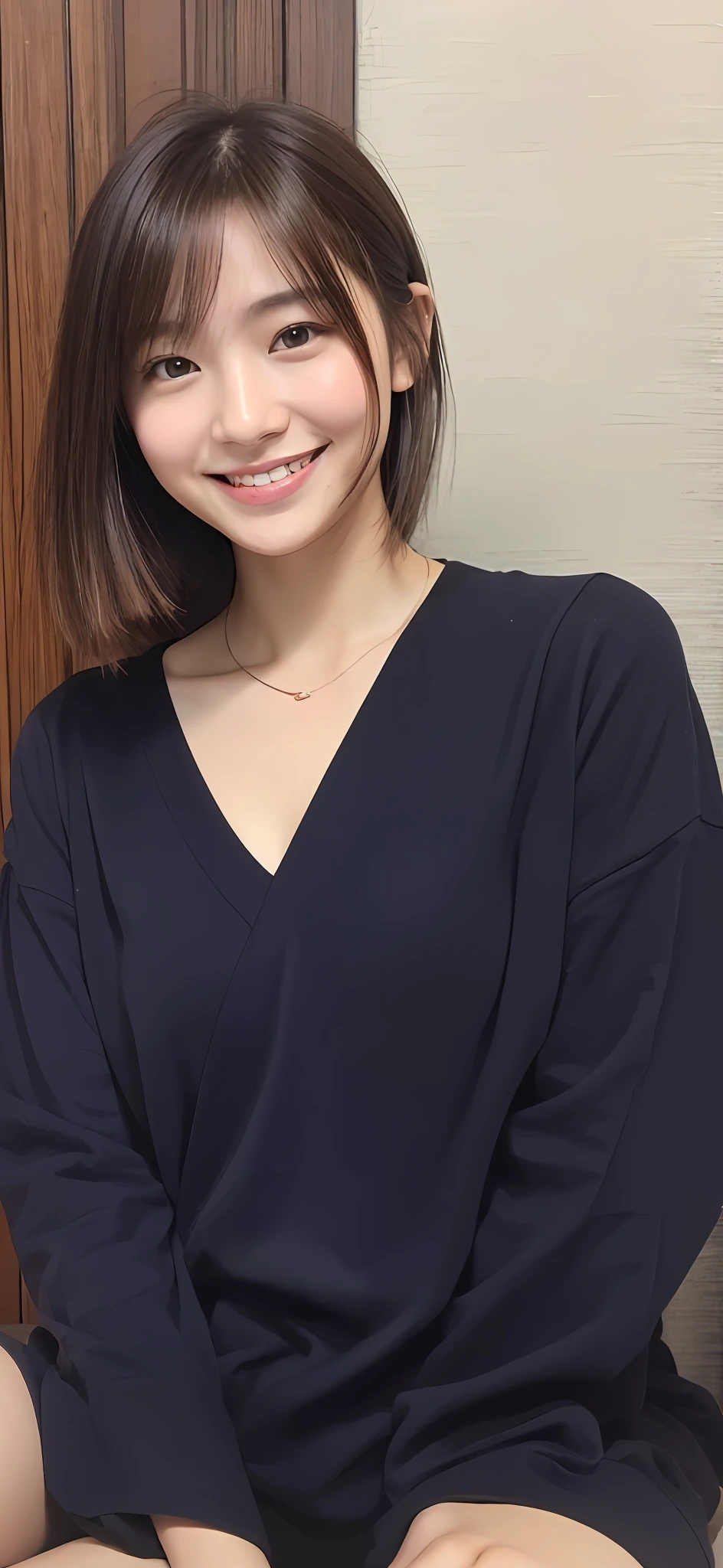 best quality, face focus, soft light, (depth of field) ,ultra high res, (photorealistic:1.4), RAW photo, (portrait:1.4) ,(from front)
1japanese girl, solo, cute, (shy, smile:1.1), (brown eyes), detailed beautiful face, (midi_hair),
sit on bed,
(white underwear)