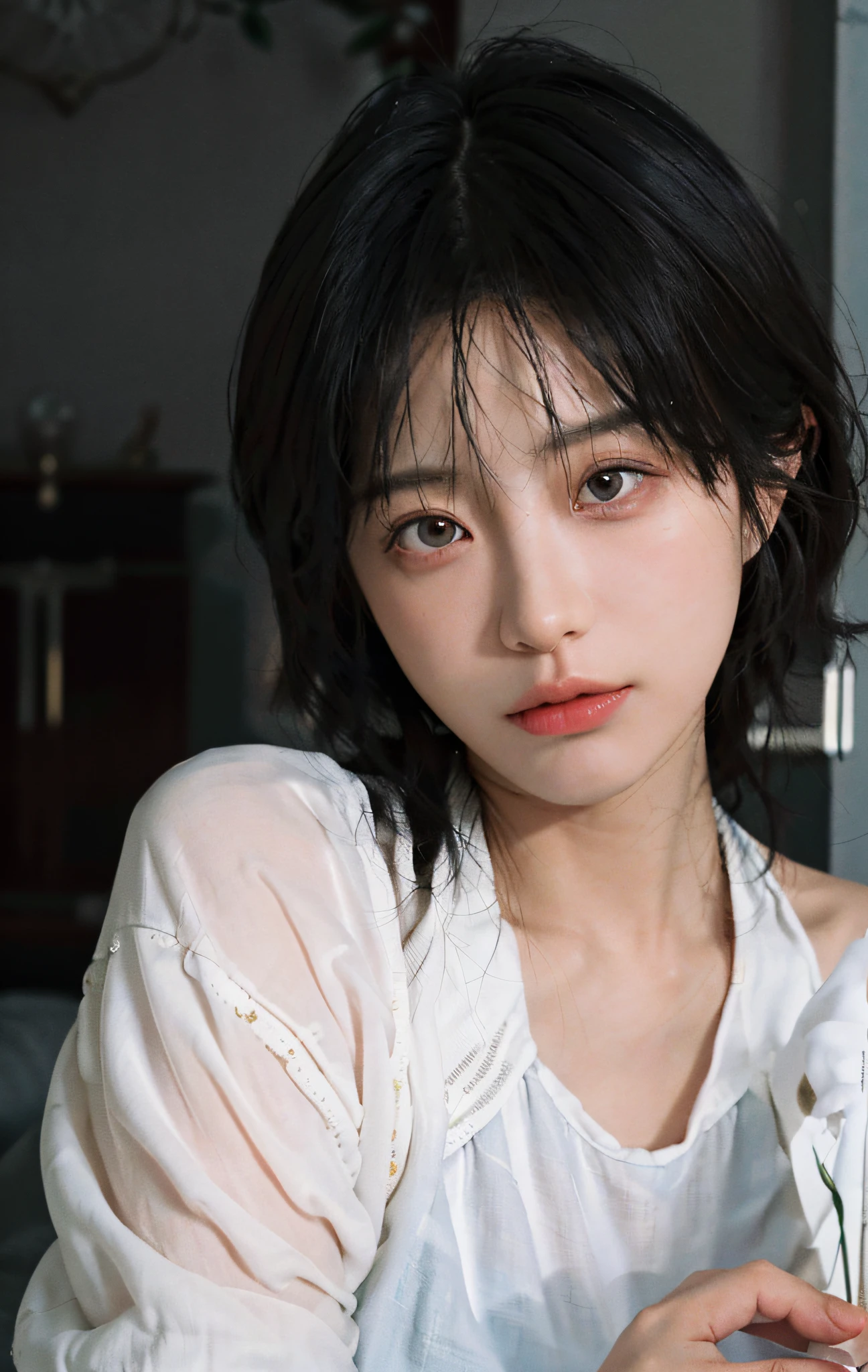 (Keisan:1.5), Close up, Masterpiece, Best Quality, Raw photo, Photorealistic, Face, Incredibly ridiculous, Beautiful girl, Cute, Short hair, Depth of field, High resolution, Ultra detail, Fine detail, Very detailed, Very detailed eyes and face, Sharp pupils, Realistic pupils, Sharp focus, Cinematic lighting,Cuddle a kitten