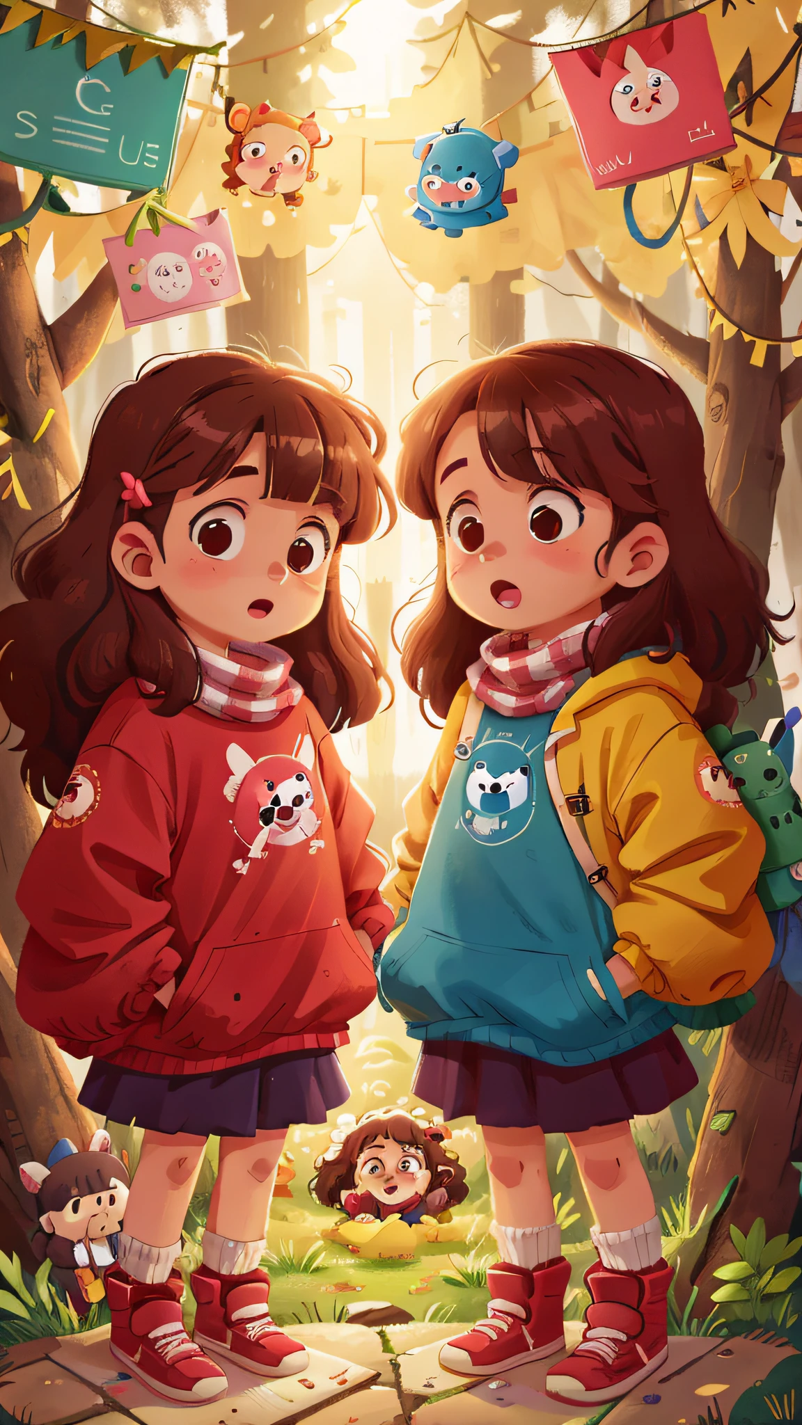 Two girls, twins, curly brown hair, in cold clothes, shocking a lot