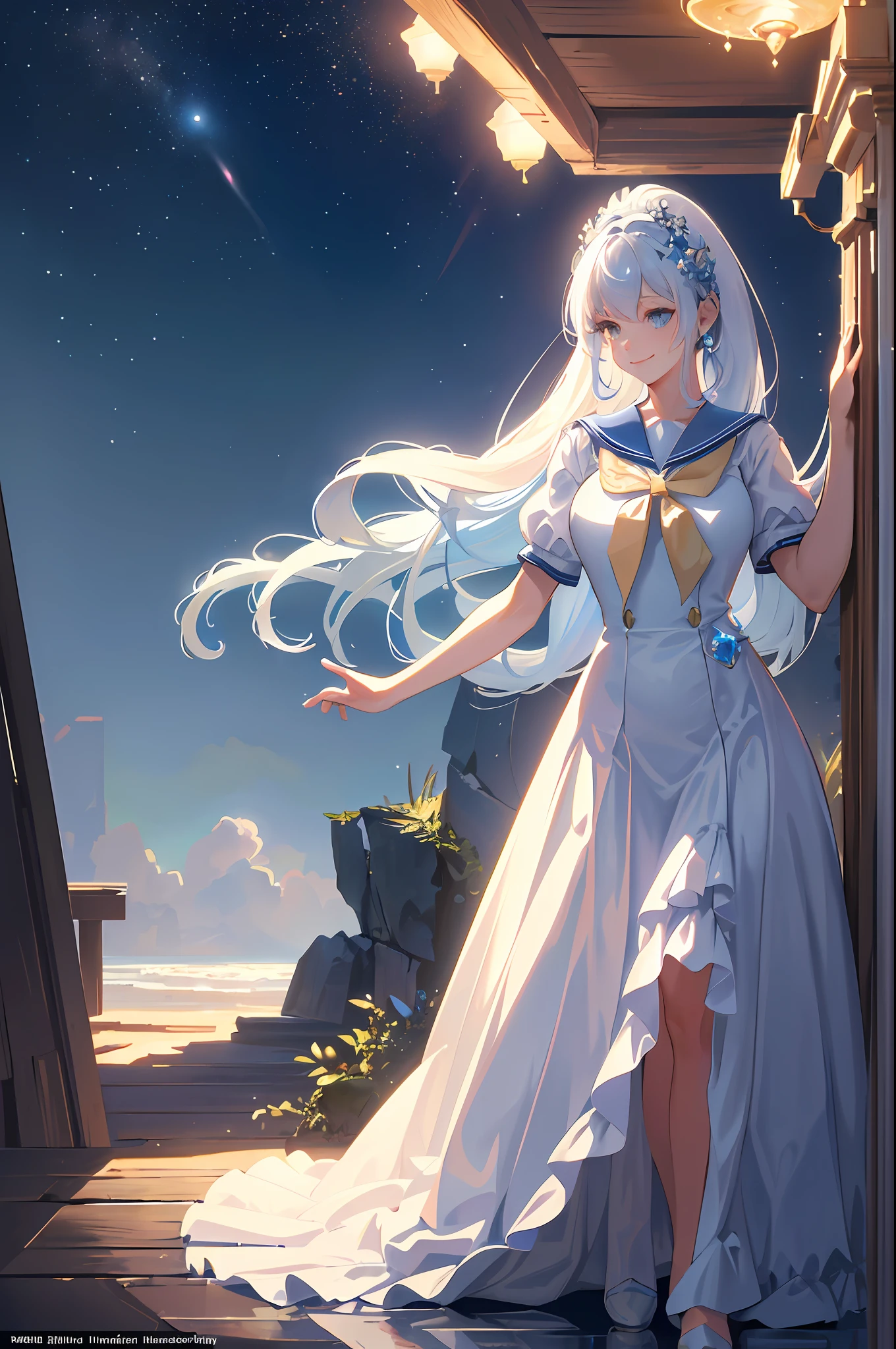 ((Excellent)), ((Masterpiece)), (Details), 1 Woman, Beautiful Woman, Solo, Full Body, (((Standing Picture)), Sailor Suit, White Hair, Blue Hair, Long Hair, Transparency, Smile, Crystal, Diamond, Water, Perfect proportions of Body Structure, Exquisite Hair Accessories, Otherworldly Charm, Moonlit Night, Pastel Colors, (Detailed Clouds: 1.3), (High Resolution: 1.2), Mysterious and warm atmosphere, Cinematic lighting, realistic shadows, Octane rendering, concept art,