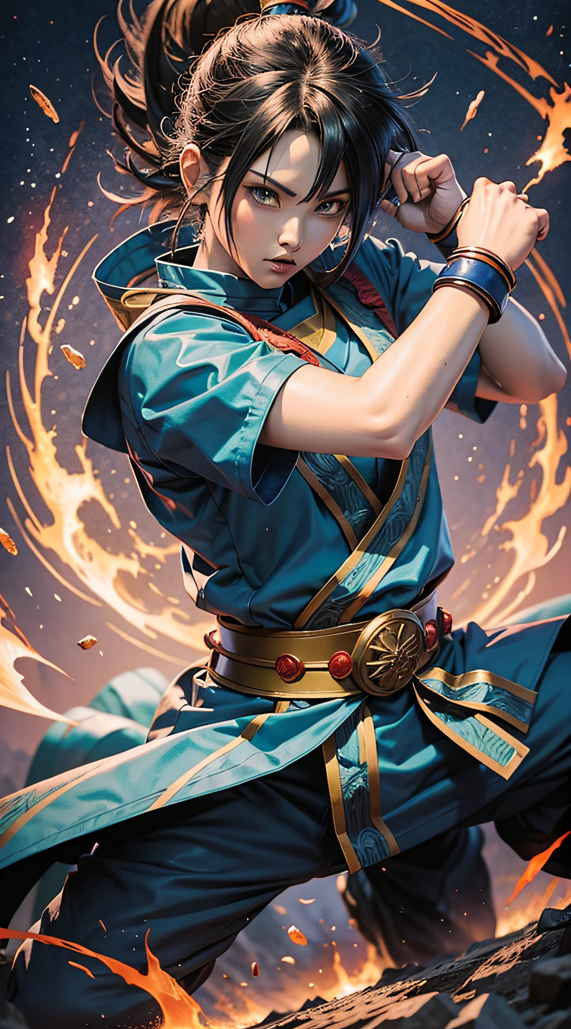 Dragon Ball Warrior, a blue anime warrior standing on fire Wearing martial arts clothes dark blue Japanese manga style dark academy, RTX on, mote kei --auto --s2