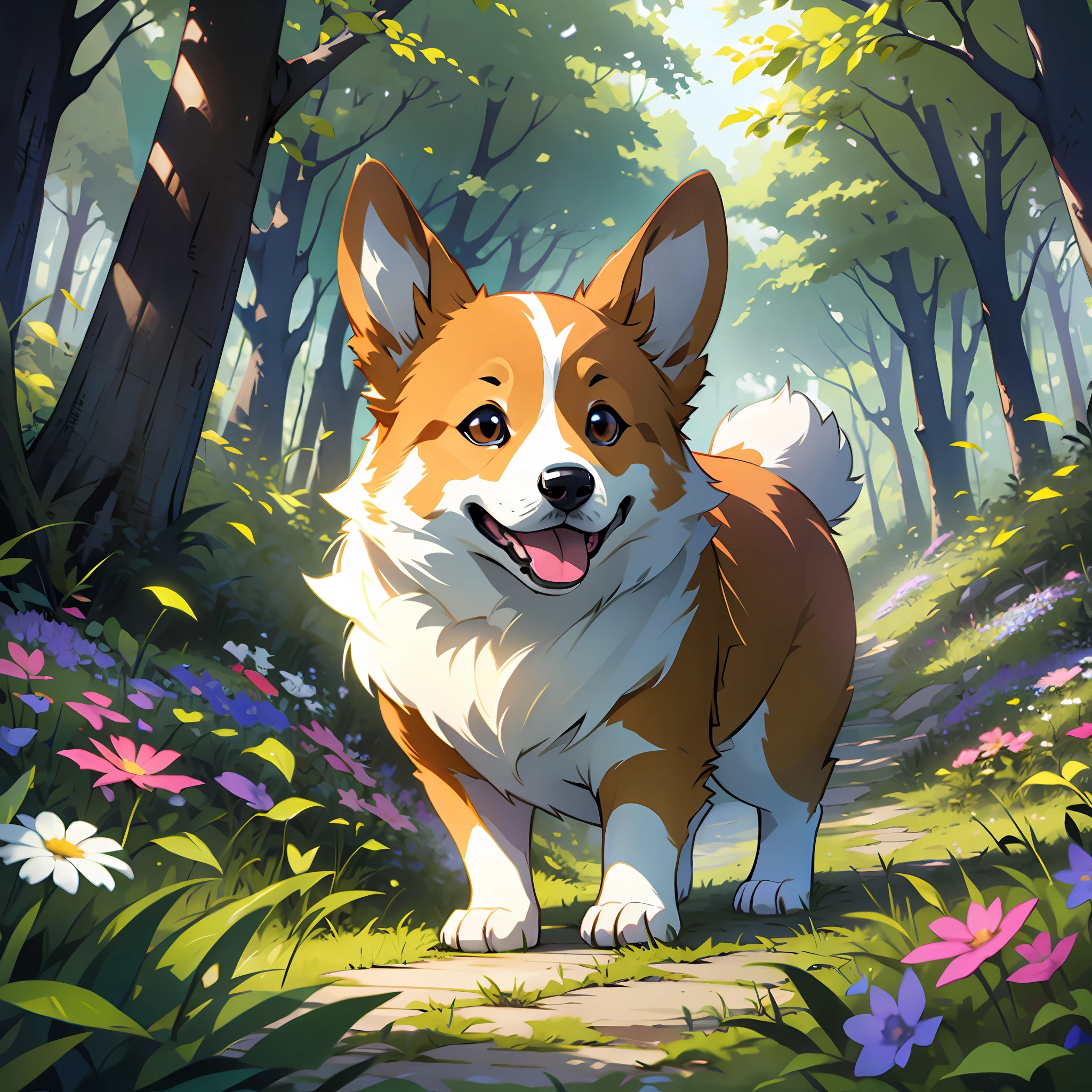 One corgi, slender cute face, walking in the forest, light, wild flowers, birds, sun shining through the trees, --auto --s2