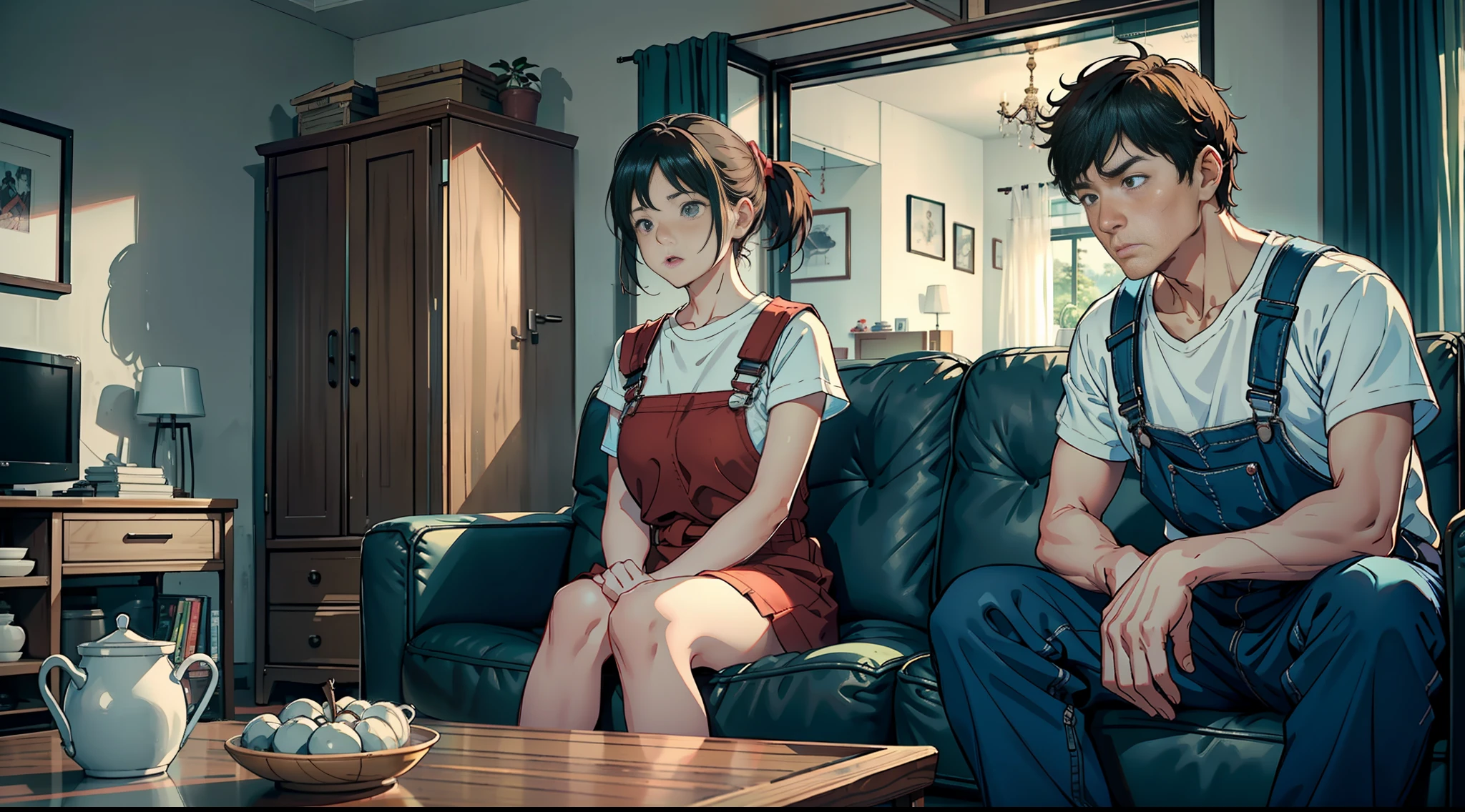 Male and female (parents of the protagonist Xiaosu)
worry
Middle-aged man and woman with a serious expression
Worried, serious
Father in overalls and mother in simple dress
Stand nervously
Close-up of the front
Talk, make hastily arranged expressions and gestures
Spacious living room, old fashioned furniture furnished