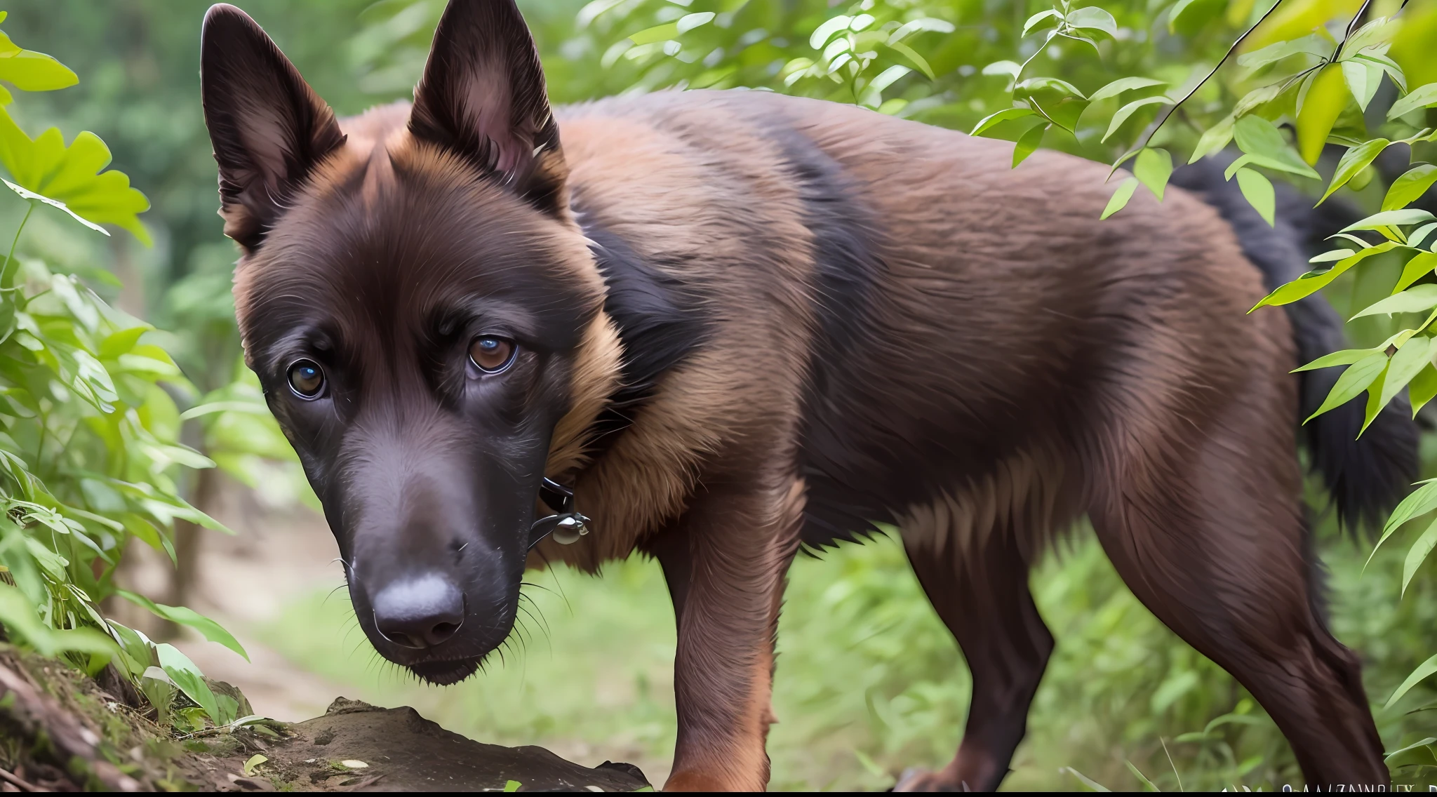 best quality 8k, Belgian dog malinois in the jungle, with lots of green bush around it --auto --s2