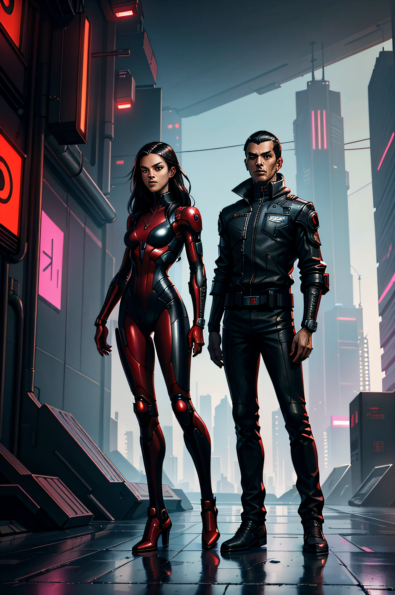 (cyberpunk by emb-rrf2:1.0),(highly detailed:1.2),(best quality:1.2),(8k:1.2),sharp focus,(subsurface scattering:1.1),award-winning photography, profile (cyberpunk heroine: 1.2), neon glow, centered face, Zoe Saldana's face, brown eyes, brown skin, ((full body shot:1.1)) (standing in a futuristic spaceport: 1.3), ((long black hair: 1.1)), (cyberpunk red leather suit:1.3), (very detailed background:1.2),(sci-fi:1.0), (knollingcase:1.0),(dreamlikeart:1.1), dramatic lighting