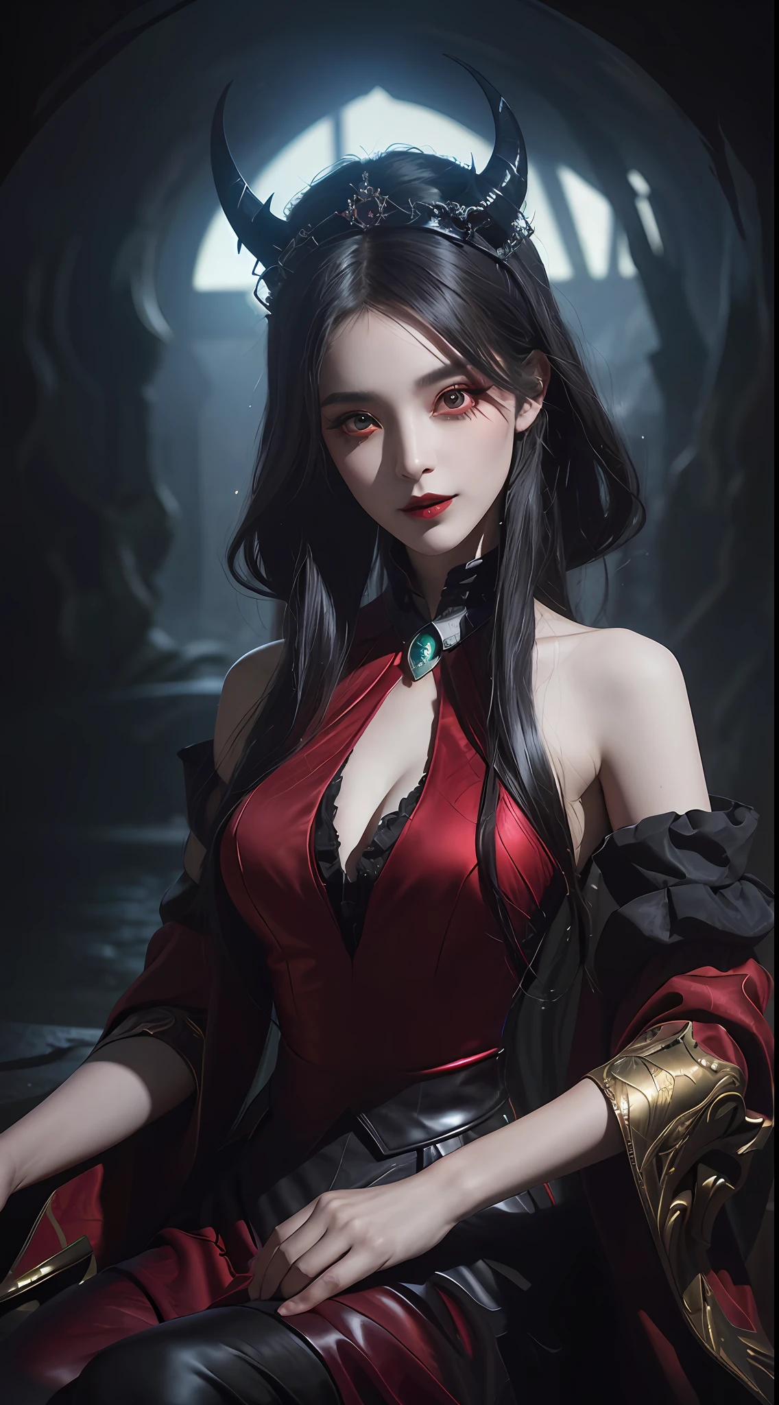 1 beautiful devil woman from hell, In the Dark: 1.6), surreal female portrait by David Hockney and Alphonse Mucha, fantasy art, korea doll, photorealism, dynamic lighting, artstation, poster, volumetric lighting, very detailed faces, 8k ultra, Awarded, in the dark, deep shadow, low key, cowboy lens, (Red phoenix dress: 1.4), long hair, black hair, bust, luxurious palace, Royal style, devil crown, red eyes make up very sharp and detailed, The most beautiful face, big and regular breasts, Super realistic, chinese women's clothing, polo neck sweater, Charming smile, The eyes are very well made up, guweiz, devil style, wearing black mesh socks, 2 bangs braided hair, Red black lips, Devil tattoo on shoulder, wearing a thin red and black robe, the landscape is overcast and thunderous, (Portrait), Close-up of the main character, (Background details 1.8),
