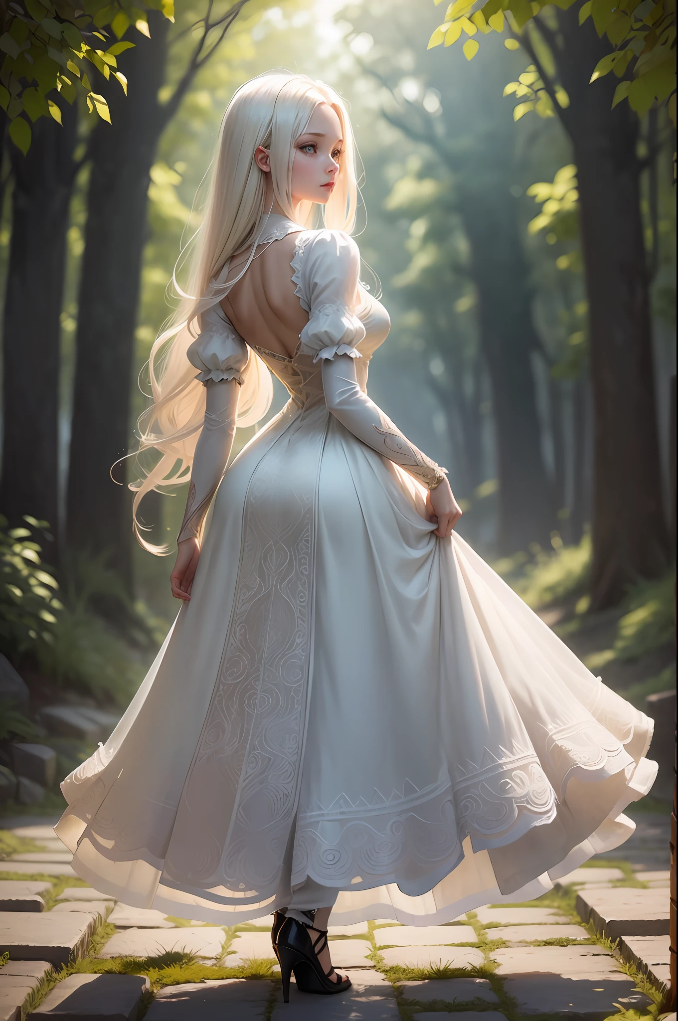 FS, an albino girl with perfect 10 features and long black Rapunzel-like hair, stands in a picturesque Avatar-like scene. Her body is graceful with a petite bust and slender legs. The girl looks stunning in a sheer organza dress with intricate designs. Her high-heeled shoes are elegant with golden patterns. The sunlight creates a subtle silhouette around her contours from the back, while soft and filling light illuminates her from the front. This scene has photorealistic qualities and is a concept art that creates a wow effect of:2. It can be found on the website 500px with hyper-superior details of:2. --auto --s2