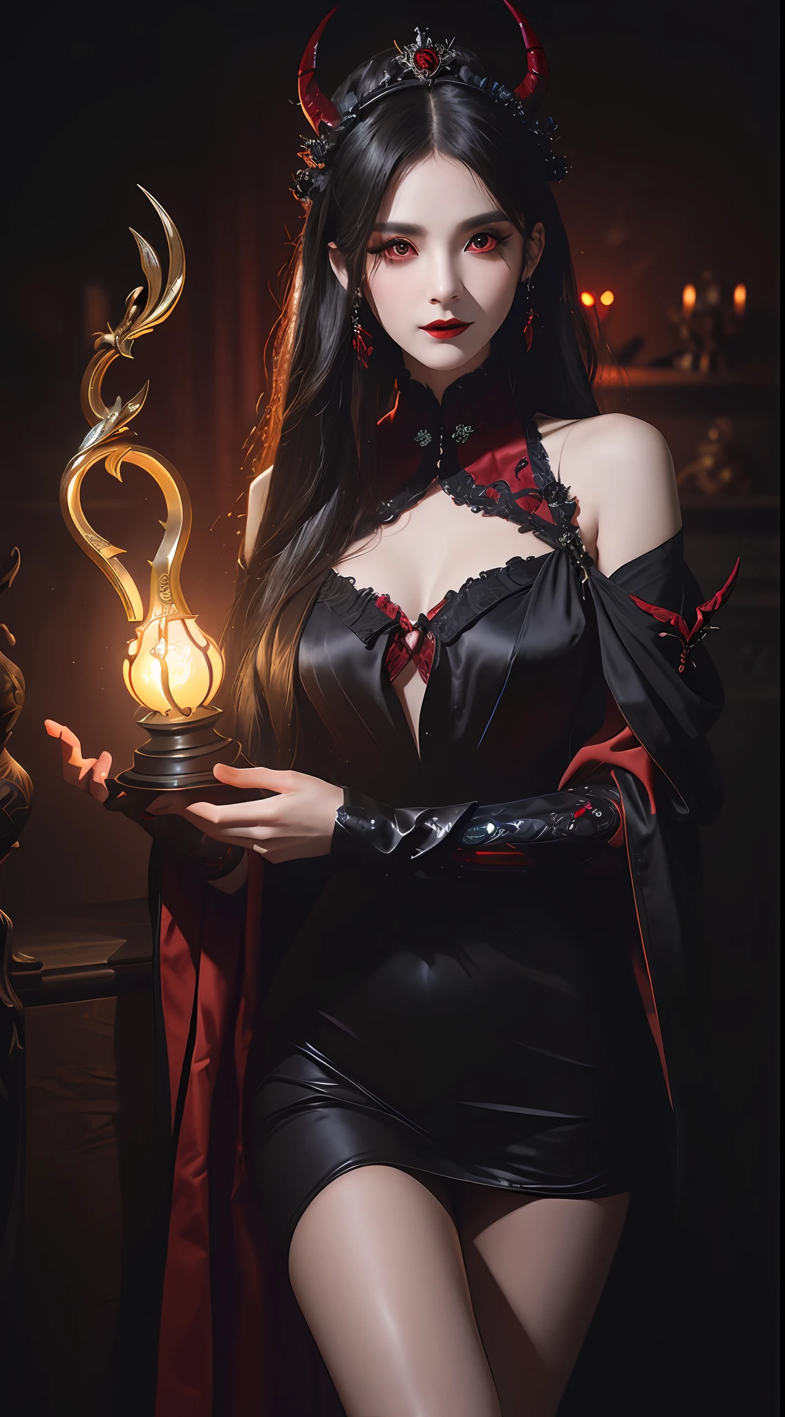 1 beautiful devil woman from hell, In the Dark: 1.6), surreal female portrait by David Hockney and Alphonse Mucha, fantasy art, korea doll, photorealism, dynamic lighting, artstation, poster, volumetric lighting, very detailed faces, 8k ultra, Awarded, in the dark, deep shadow, low key, cowboy lens, (Red phoenix dress: 1.4), long hair, black hair, bust, luxurious palace, Royal style, devil  crown, red eyes make up very sharp and detailed, The most beautiful face, big and regular breasts, Super realistic, chinese women's clothing, polo neck sweater, Charming smile, The eyes are very well made up, guweiz, devil style, wearing black mesh socks, 2 bangs braided hair, Red black lips, Devil tattoo on shoulder, wearing a thin red and black robe, the landscape is overcast and thunderous, (Portrait), Close-up of the main character, (Background details 1.8),