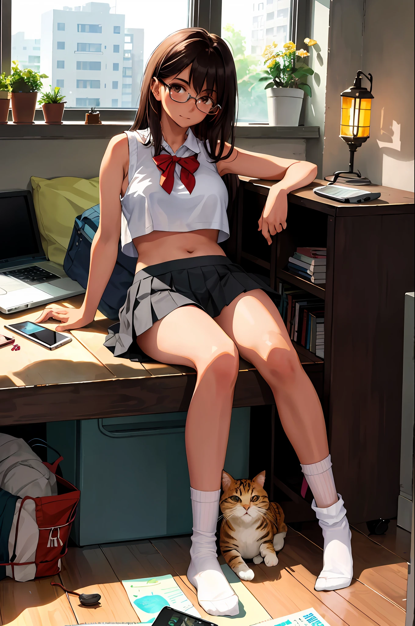 Mia Khalifa,1girl,solo, shy,sexually suggestive,indoors, sitting, shirt, skirt, long hair,blush, white footwear, sleeveless, shoes, socks, white shirt, full body, large breasts,underboob,panty pull,white socks, wooden floor, shorts, armpit peek, bangs, sleeveless shirt, sunlight, ankle socks, pleated skirt,
phone, laptop,window,milk, cat,flower, desk,bed,bookshelf, lantern,