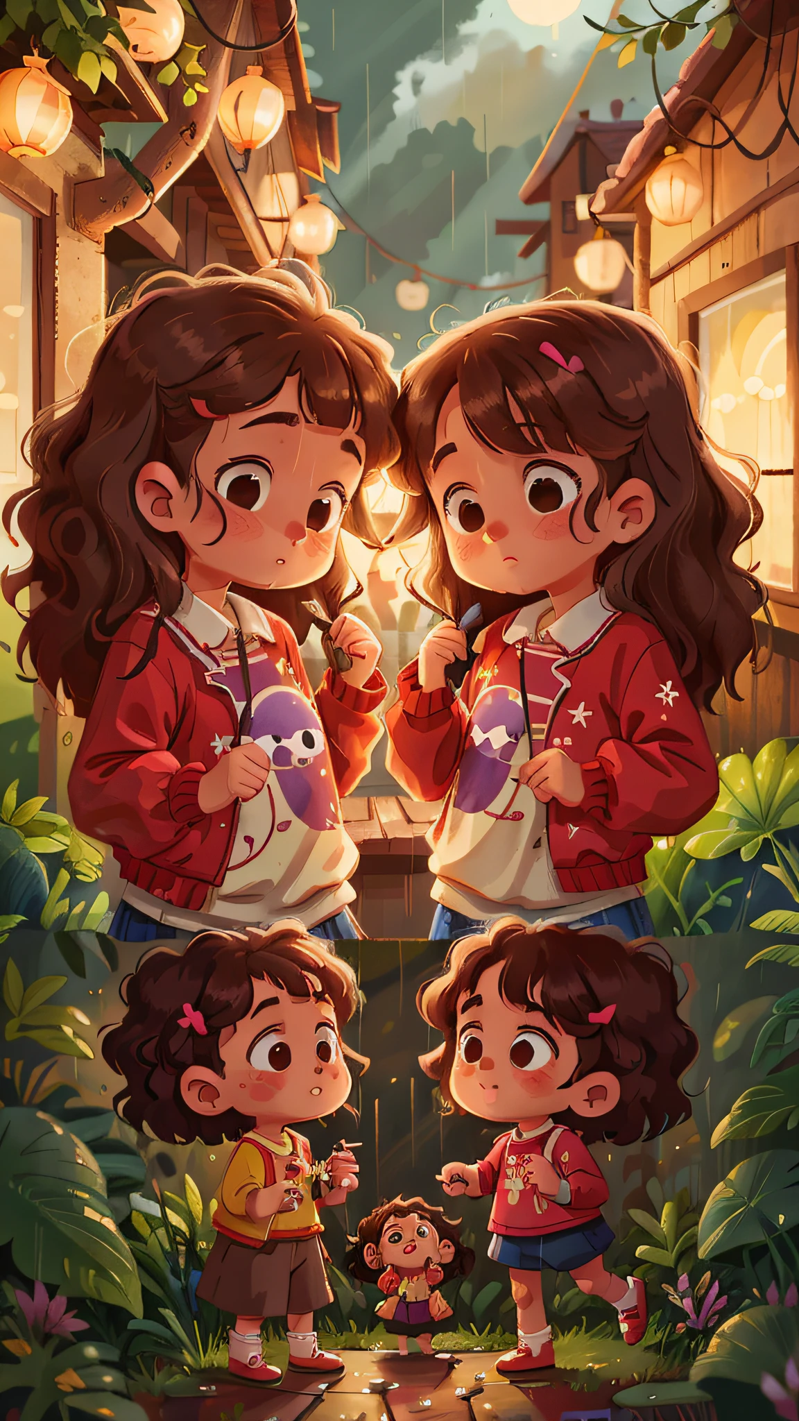 Two girls, twins, curly brown hair, rainy night
