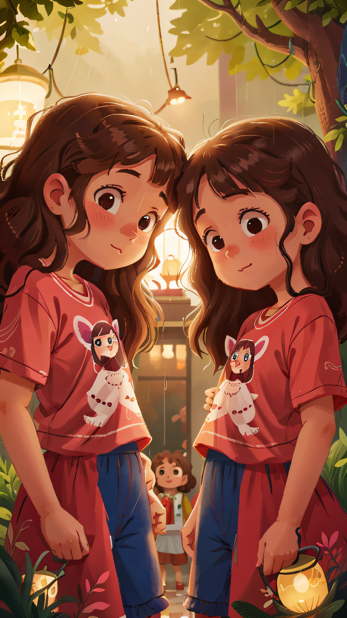 Two girls, twins, curly brown hair, rainy night