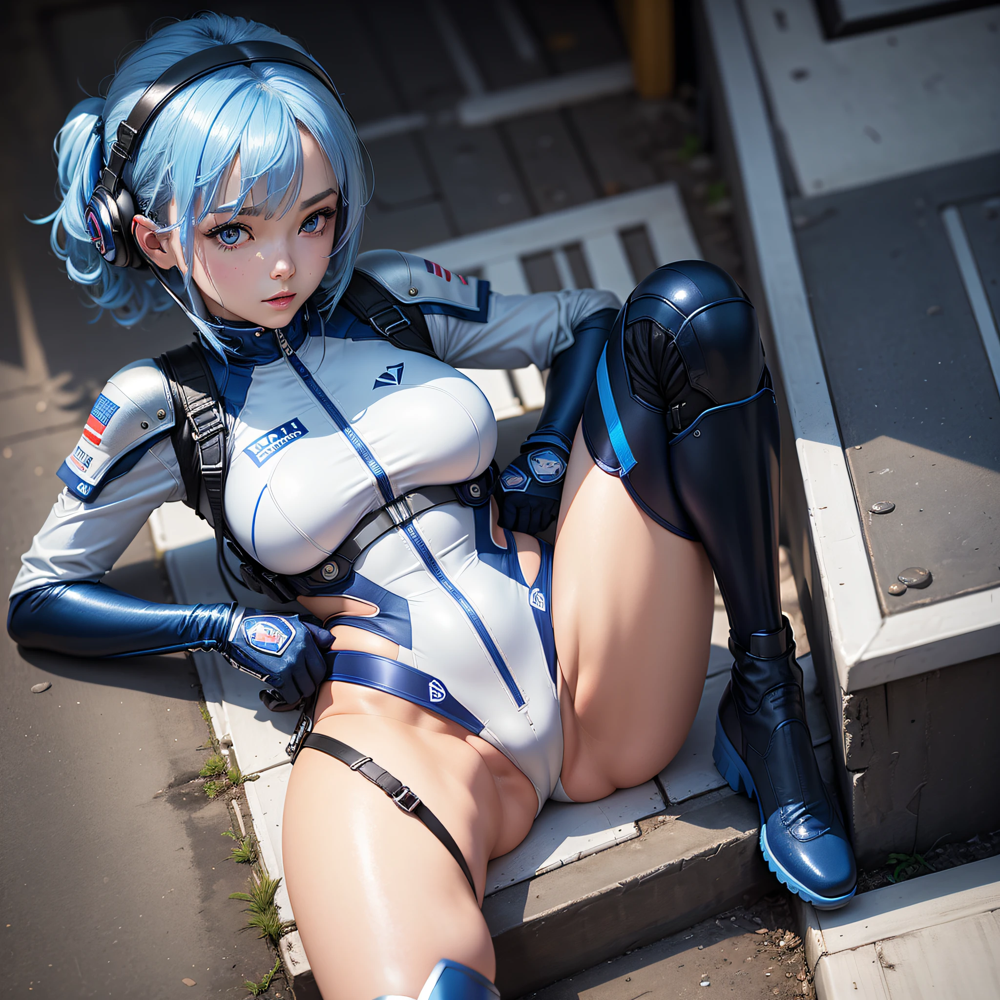 (masterpiece, highest quality, highest resolution, distinct_image, detailed details): (Solo, Girl Alone, Face Is Japan, Blue Haired Girl, Short Cut, Lying, Small Size Breasts, Glittering Blue Color Eyes, Flight Suit in Metal White and Blue Colors, Tight Fit Clothes, Clothes That Cover the Full Body, Light Smile, Beauty, Slim Body, Exoskeleton, Heroine, Headset, knee boots)