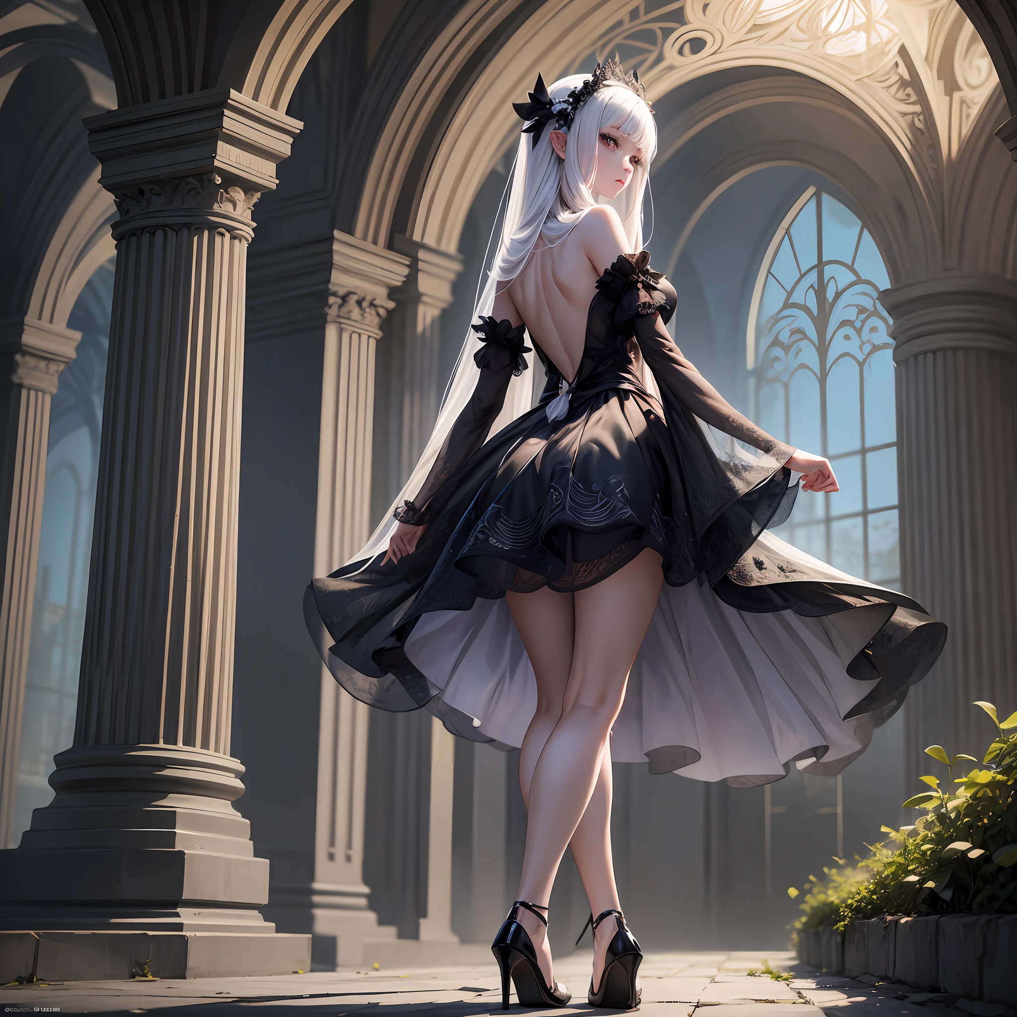 FS, an albino girl with perfect 10 features and long black Rapunzel-like hair, stands in a picturesque Avatar-like scene. Her body is graceful with a petite bust and slender legs. The girl looks stunning in a sheer organza dress with intricate designs. Her high-heeled shoes are elegant with golden patterns. The sunlight creates a subtle silhouette around her contours from the back, while soft and filling light illuminates her from the front. This scene has photorealistic qualities and is a concept art that creates a wow effect of:2. It can be found on the website 500px with hyper-superior details of:2. --auto --s2