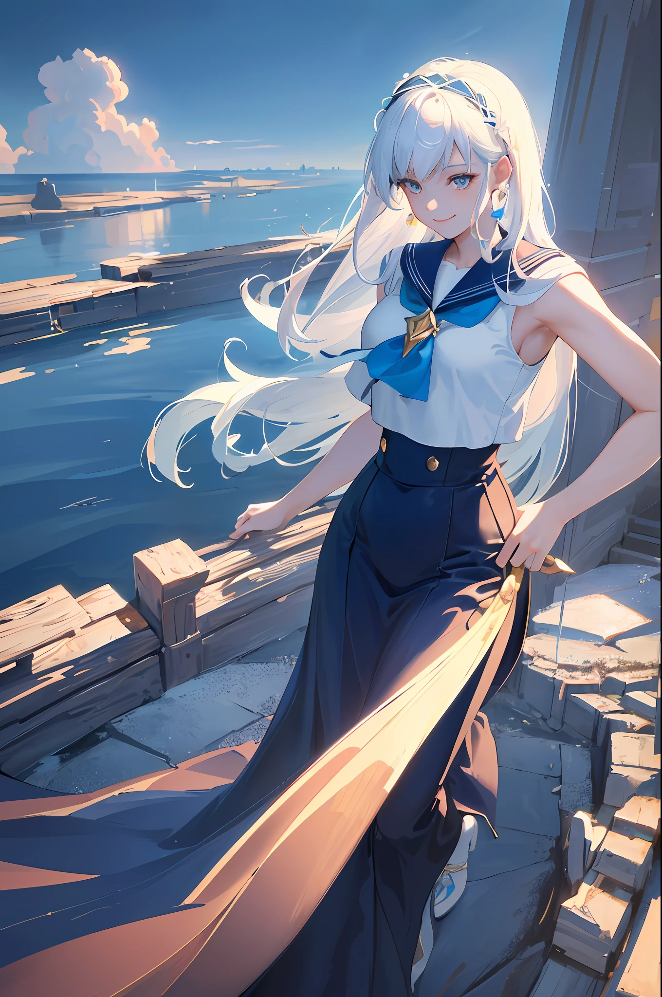 ((Excellent)), ((Masterpiece)), (Details), 1 Woman, Beautiful Woman, Solo, Full Body, (((Standing Picture)), Sailor Suit, White Hair, Blue Hair, Long Hair, Transparency, Smile, Crystal, Diamond, Water, Perfect proportions of Body Structure, Exquisite Hair Accessories, Otherworldly Charm, Moonlit Night, Pastel Colors, (Detailed Clouds: 1.3), (High Resolution: 1.2), Mysterious and warm atmosphere, Cinematic lighting, realistic shadows, Octane rendering, concept art,