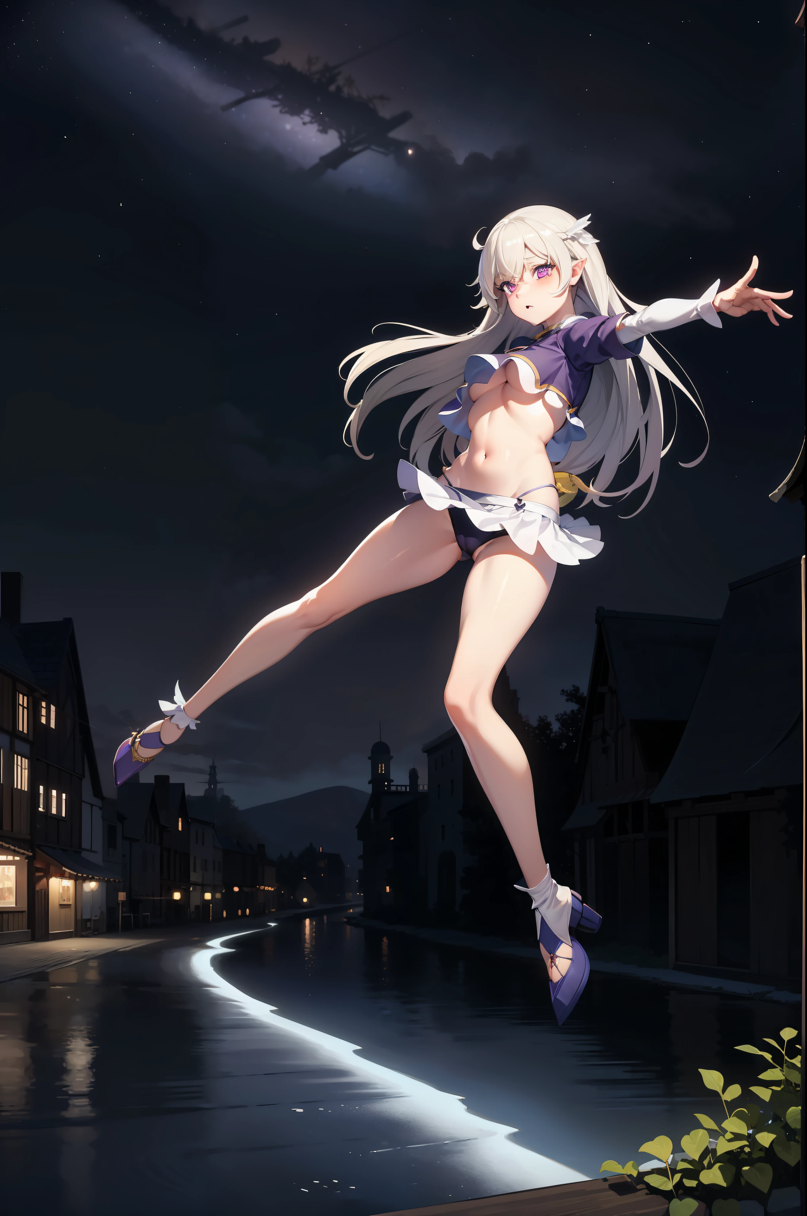 realistic, 1girl, waist long white hair, large breasts, (elven princess:0.4), purple eyes, detailed iris, glowing eyes, crop top, skirt, parted lips, (flipping crop top:1.5), flipping miniskirt, (miniskirt:1.1), blush, (underboob:1.5), while jumping, (legs apart:1.5) (cameltoe:1.1), view frm below, night sky, (shoreline:1.5), (medieval town:1.5), comet, night sky,