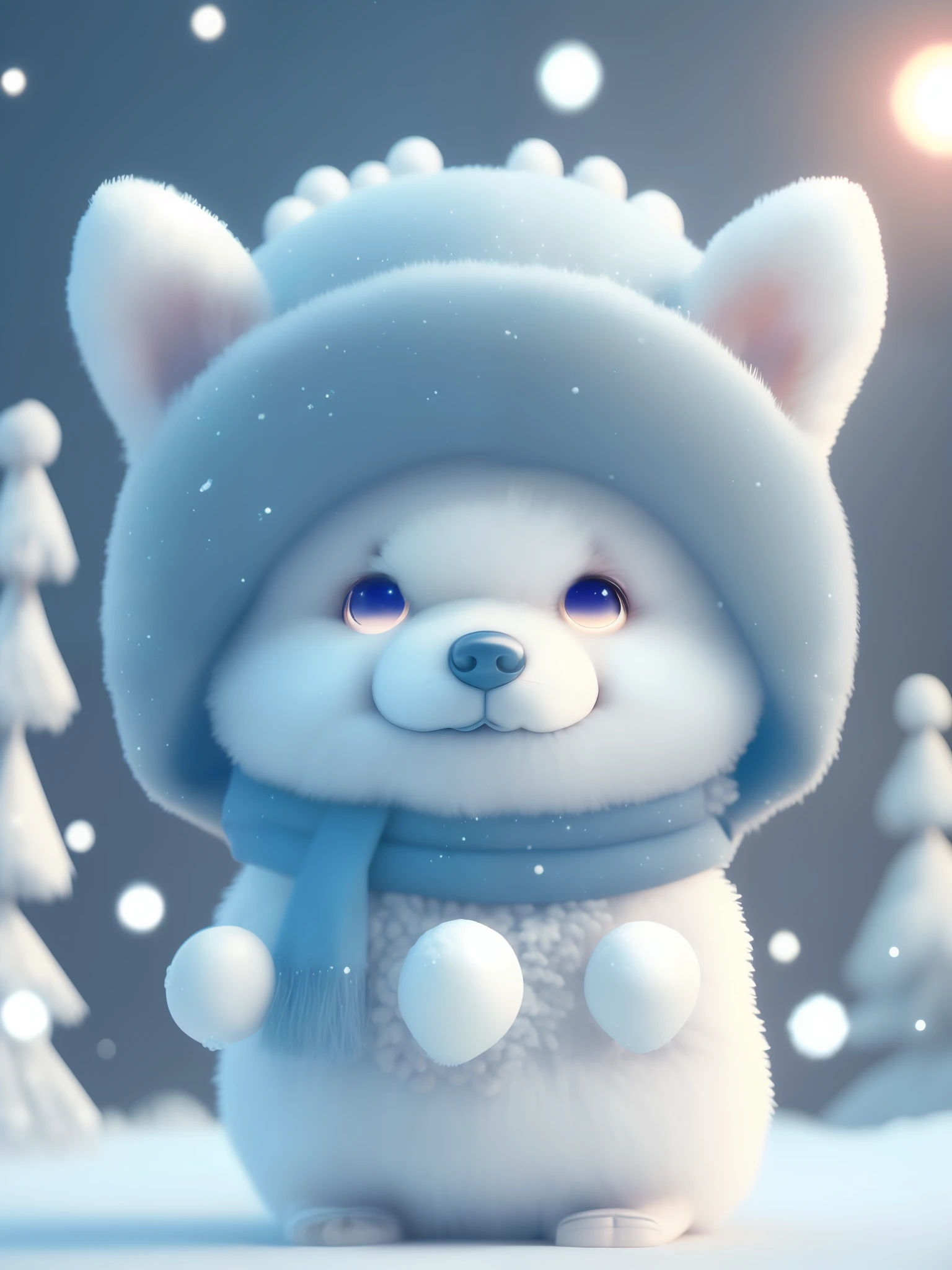 Cute Shiba Inu + snow-white fluffy, big bright eyes, sweet smile, sweet smile, sweet smile, dressed as a fashion model, blue crystal texture fashion suit, hat and handbag, snow-white fluffy, big bright eyes, bright big eyes, standing, fluffy tail, winter rise, flowers and snow gently fluttering, Highly detailed 3D animation rendering symmetrical center position, ultra-realistic, ultra-detailed, luxurious, 3, movie light, ultra-clear detail, ultra-transparent material, close-up, complex texture, octane rendering, zbrush, 8K, ultra-realistic urea