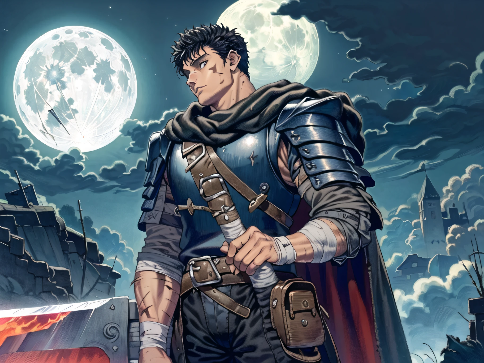 (masterpiece, best quality, an extremely delicate and beautiful, Amazing), (illustration), (solo:1.5), (original:1.5), (illustration), [sketch], (game CG), (felt fabric), depth of field, ((Dark Souls)), \(berserk\), 
1boy, guts \(berserk\), (cowboy shot:1.4), attack battle form, (view straight on), ((black robe)), (holding fire sword),floating debris dust stones winds,armor, one eye closed, scar, bandages, black hair, cape, male focus,(huge sword:1.35),
full moon, ((European castle, medieval architecture)), wind, background of detail, night, detailed sky, desire, ((despair)),