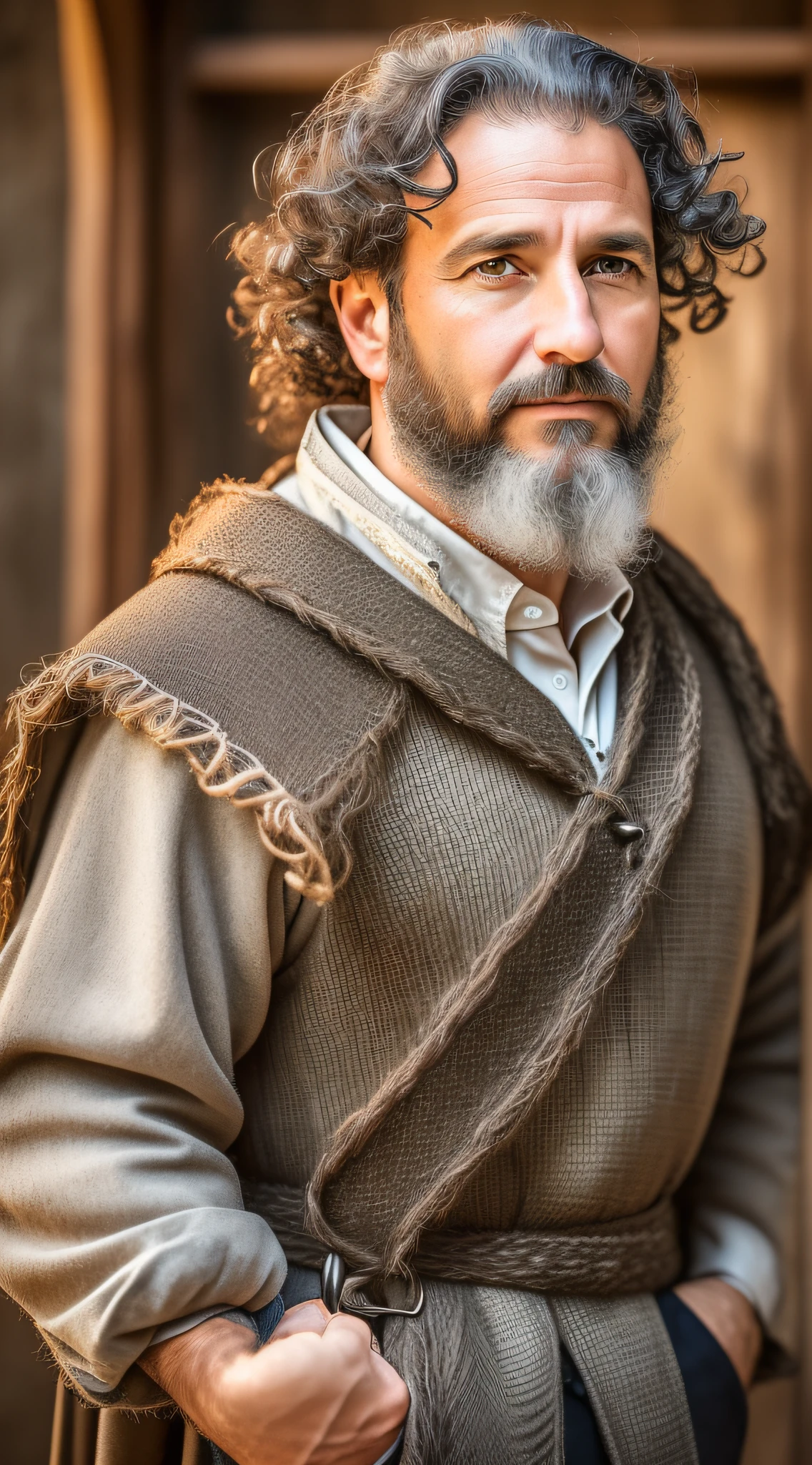 (realistic oil art, image up to the waist, 40-year-old man, British, black hair, gray hair, curly hair, thinning beard, failed beard), medieval fisherman's costume, medieval clothing, white, brown, critical camera, blurred background, warm light, more details in clothing, strong leftovers, normal pose