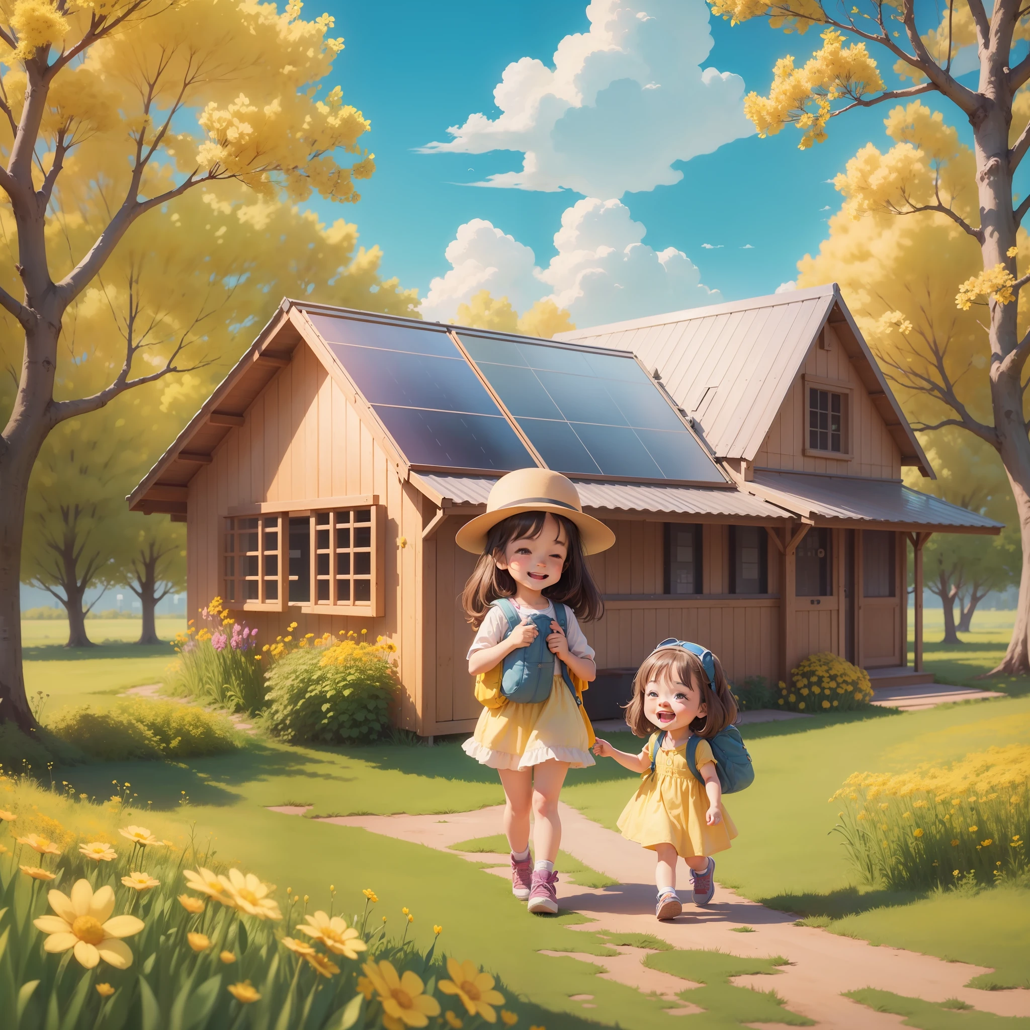 A very cheerful  girl with a backpack and her cute puppy enjoying a beautiful spring walk surrounded by beautiful yellow flowers and solar panels in the background and abundant nature. The illustration is a high-definition illustration in 4K resolution, featuring highly detailed facial features and cartoon-style visuals