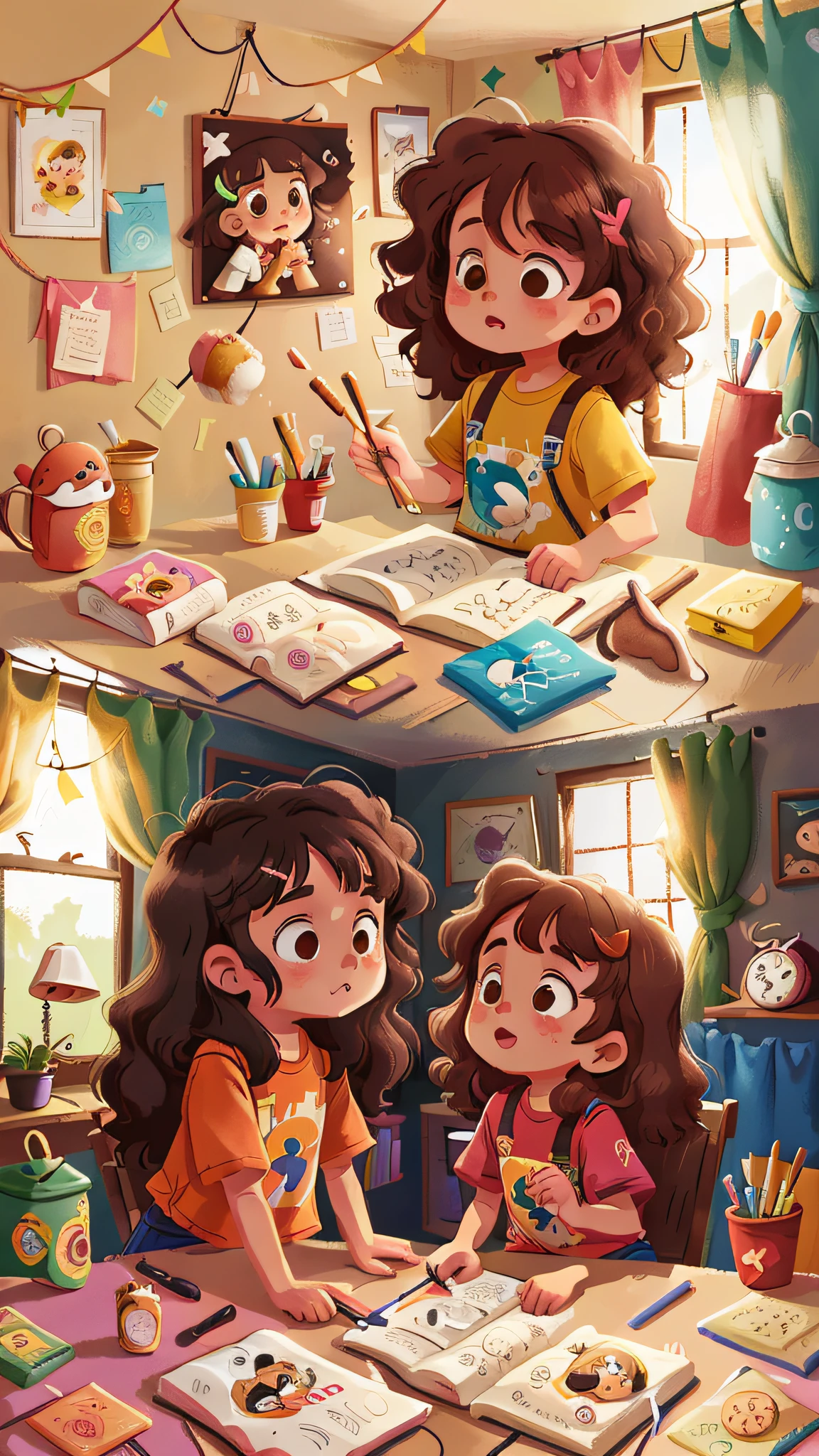 Two girls, twins, curly brown hair, painting the room