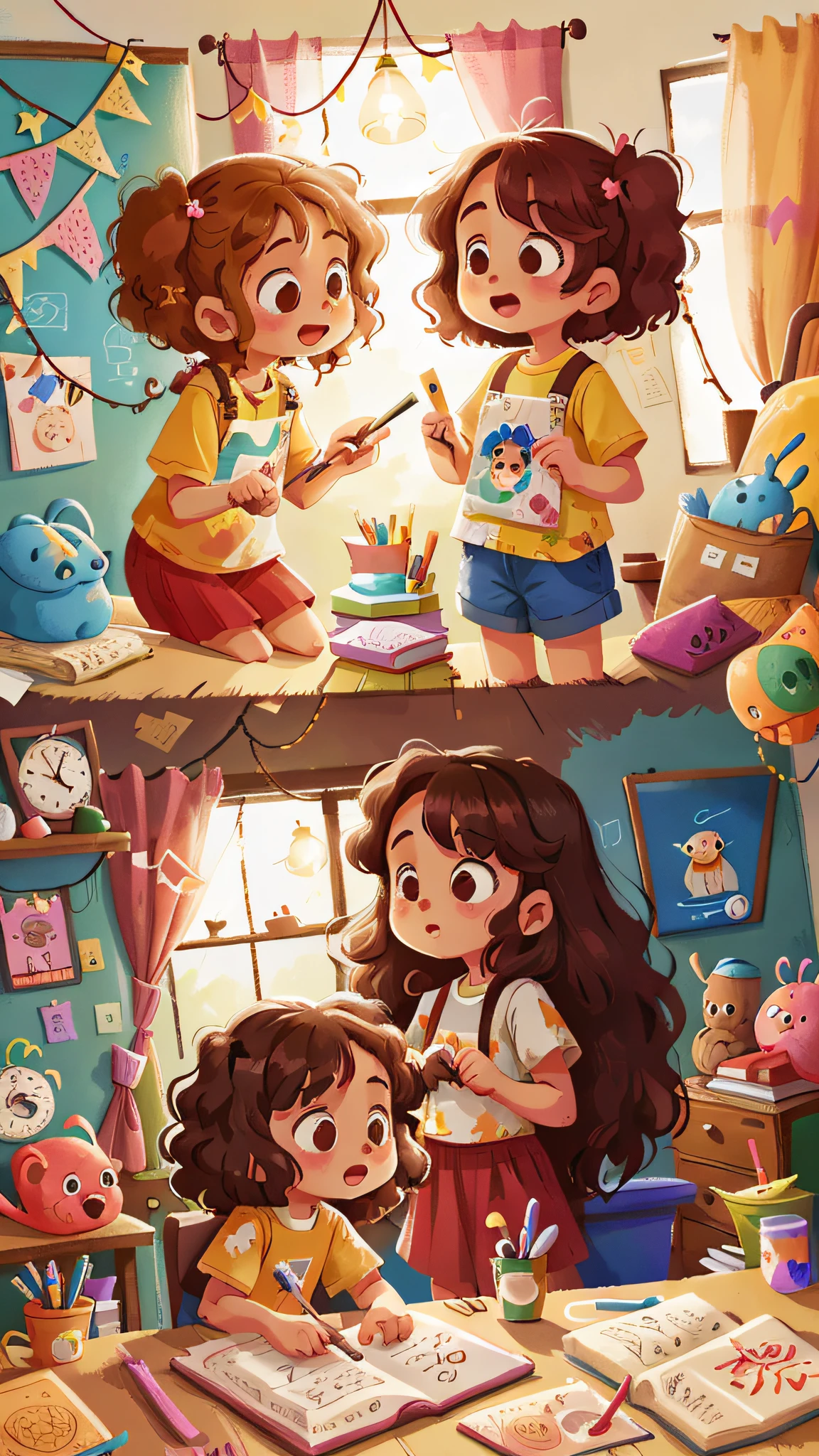 Two girls, twins, curly brown hair, painting the room
