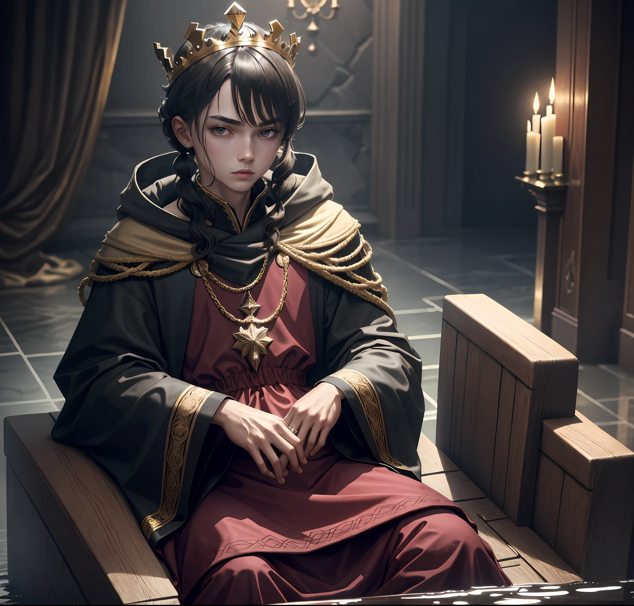 a sick young king sitting on the throne in the heart of the city of Glas, the throne is a very damp place full of puddles and leaks with worms, real, intimidating, sinister, hooded, mysterious, royal crown, blurry background, natural lighting, short hair twintails, Looking_at_viewer, solo, highly detailed 8k