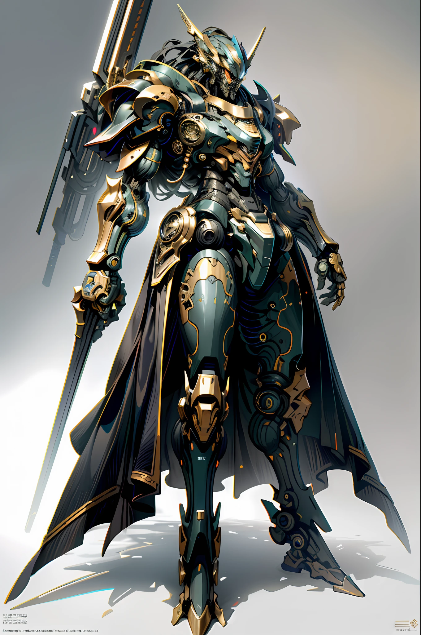 Dark Fantasy, Cyberpunk, (highest quality, masterpiece), mechanical wonders, state-of-the-art big robots, state-of-the-art big mechs, cities, highest quality digital art, stunning art, highly detailed, full body is blue, golden decorative parts, top quality digital art,