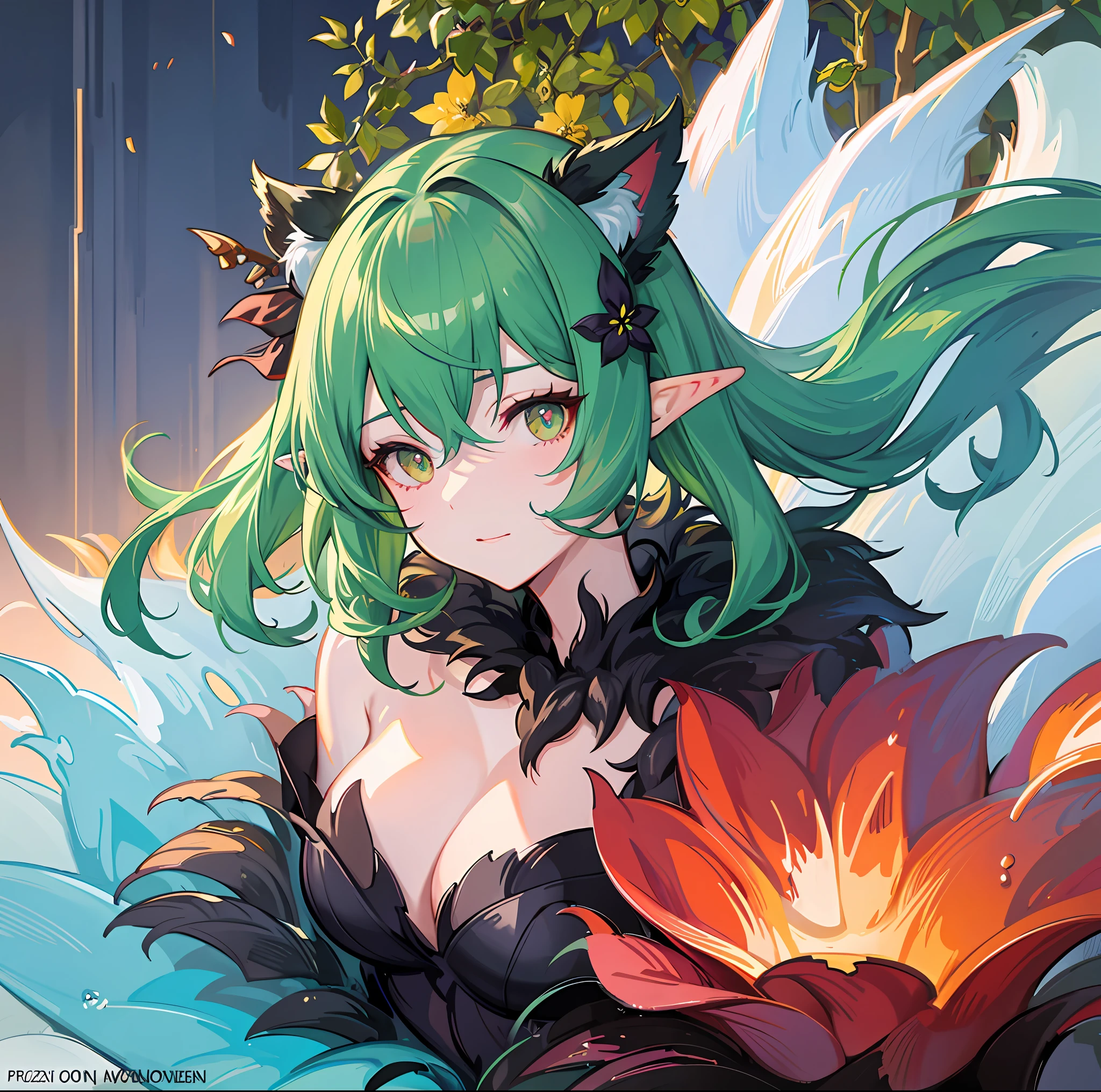 There is a painting of a woman with green hair and cat ears, artwork in the style of Guweiz, portrait of a fairy, fairy portrait, beautiful detailed digital art, ! Dream Artgerm, FanArt Best ArtStation, Fantasy Art Style, Lovely Digital Painting, Elf Girl, Loish and Wlop, Guweiz in ArtStation Pixiv, woodcut.
